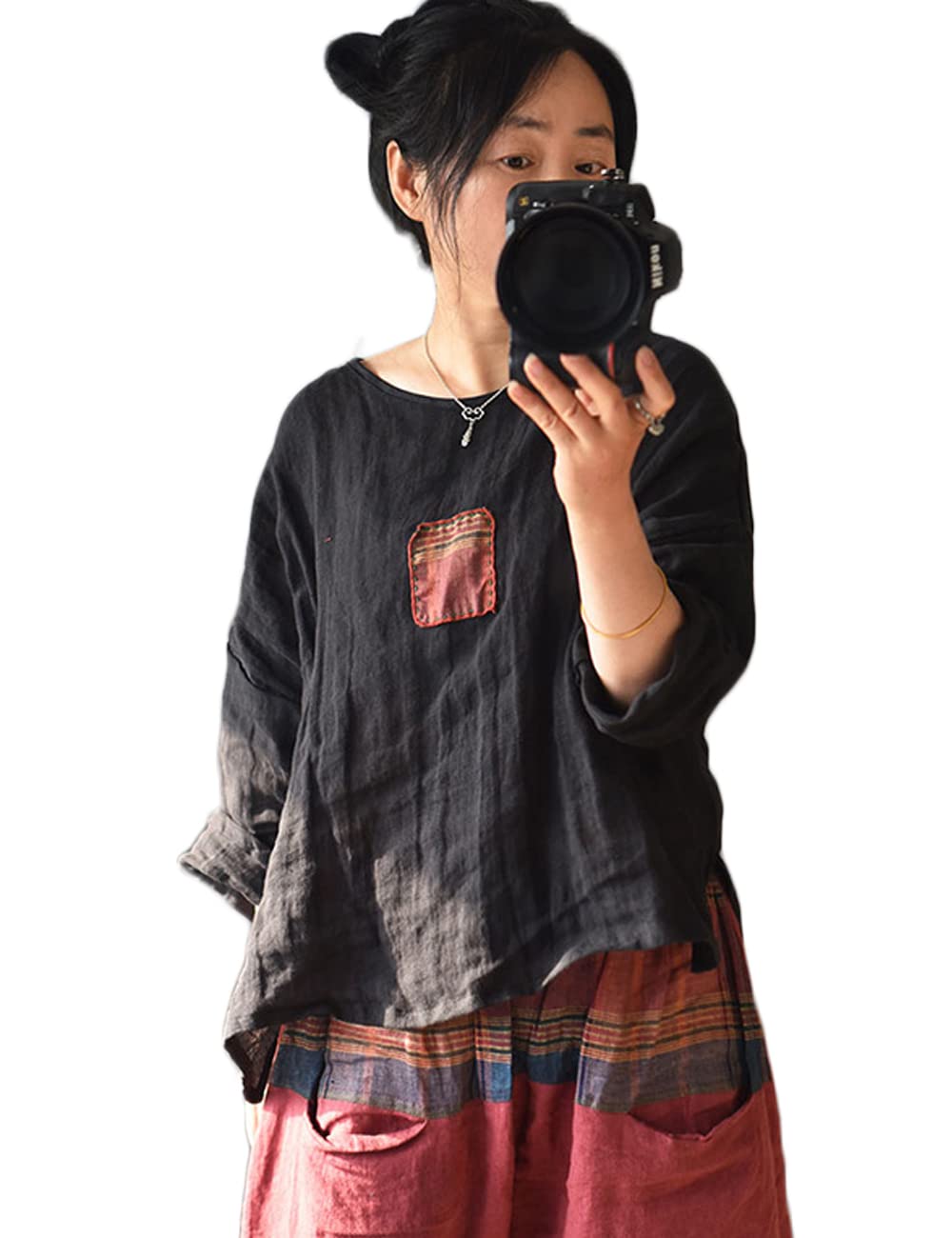 NFYM Damenbluse aus pflanzengefärbtem Leinen, einzigartiges Patch-Design, 3/4-Ärmel, Sommer-Top, Schwarz, Einheitsgröße