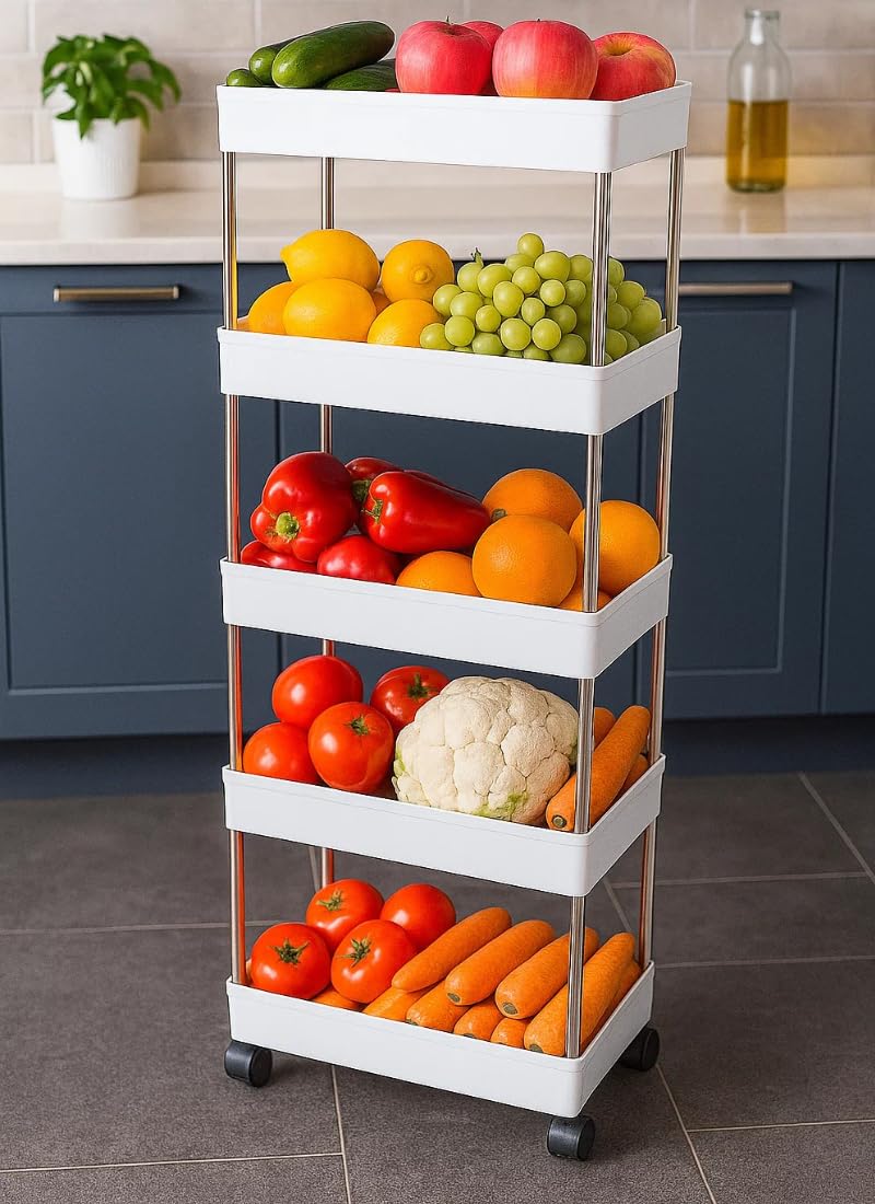 Made for Amazon Plastic Space Saving Storage Organizer Rack Shelf with Wheels(2 Lock,2 Unlock) for Kitchen, Office, Bathroom and Bedroom (5 Layer, White)