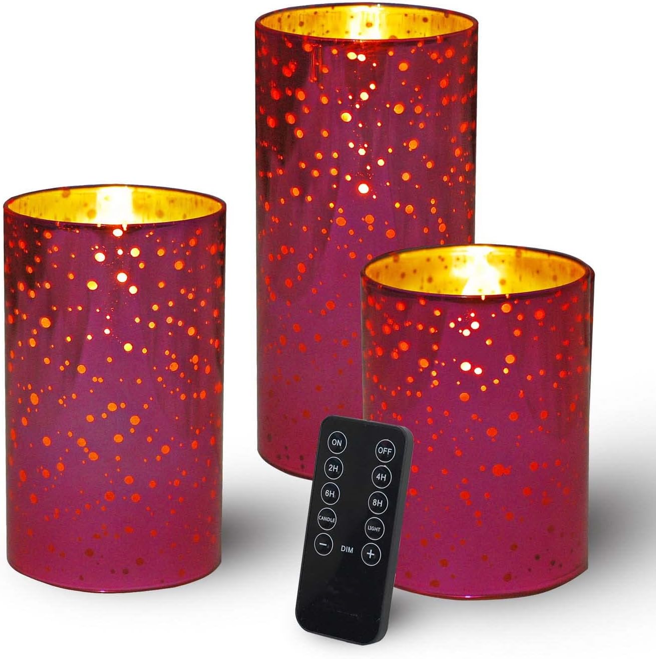 LIVILLA Raspberry Red Glass Flameless Candles with Remote