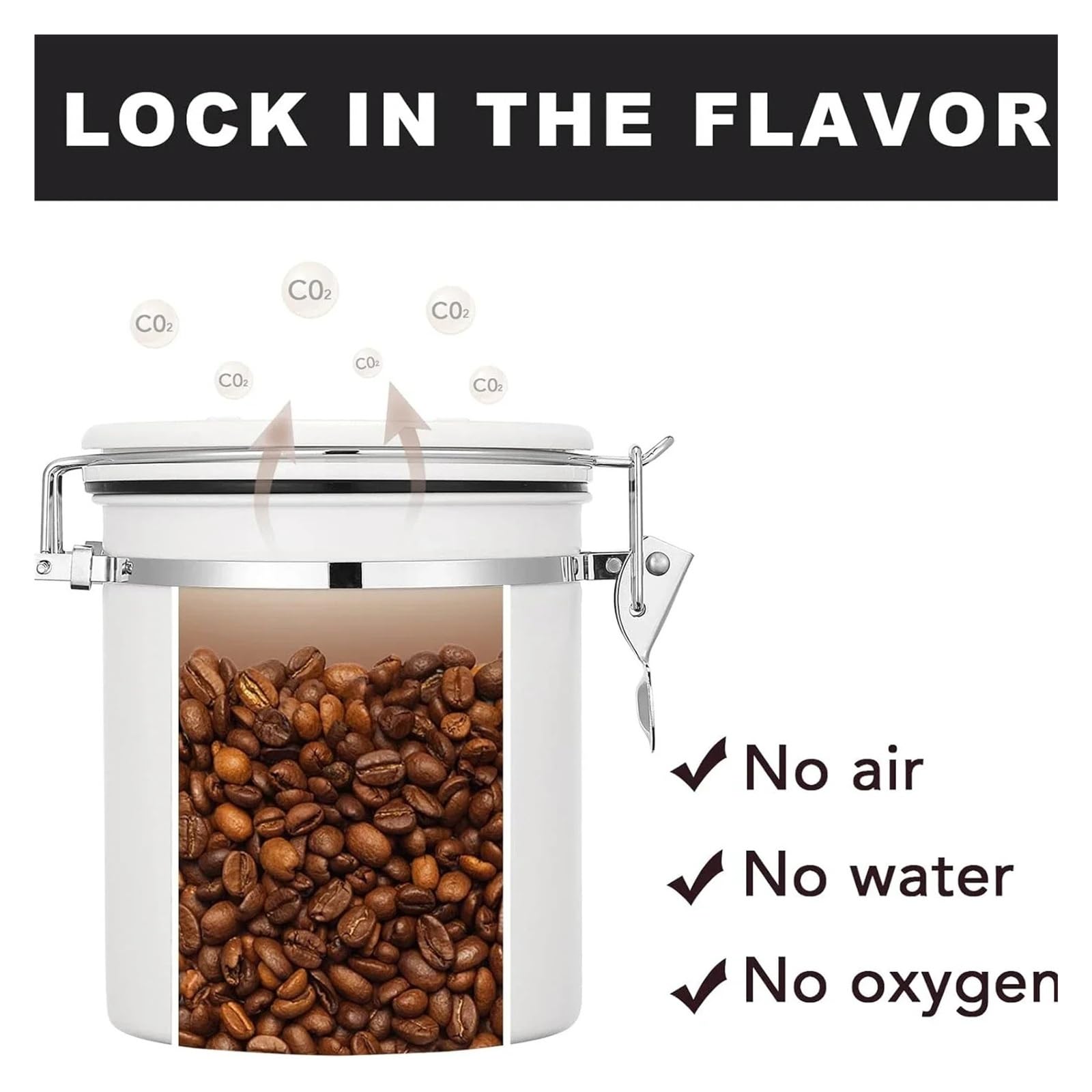 Boîte à café hermétique en acier inoxydable avec cuillère pour grains de café - Noir (blanc, L)
