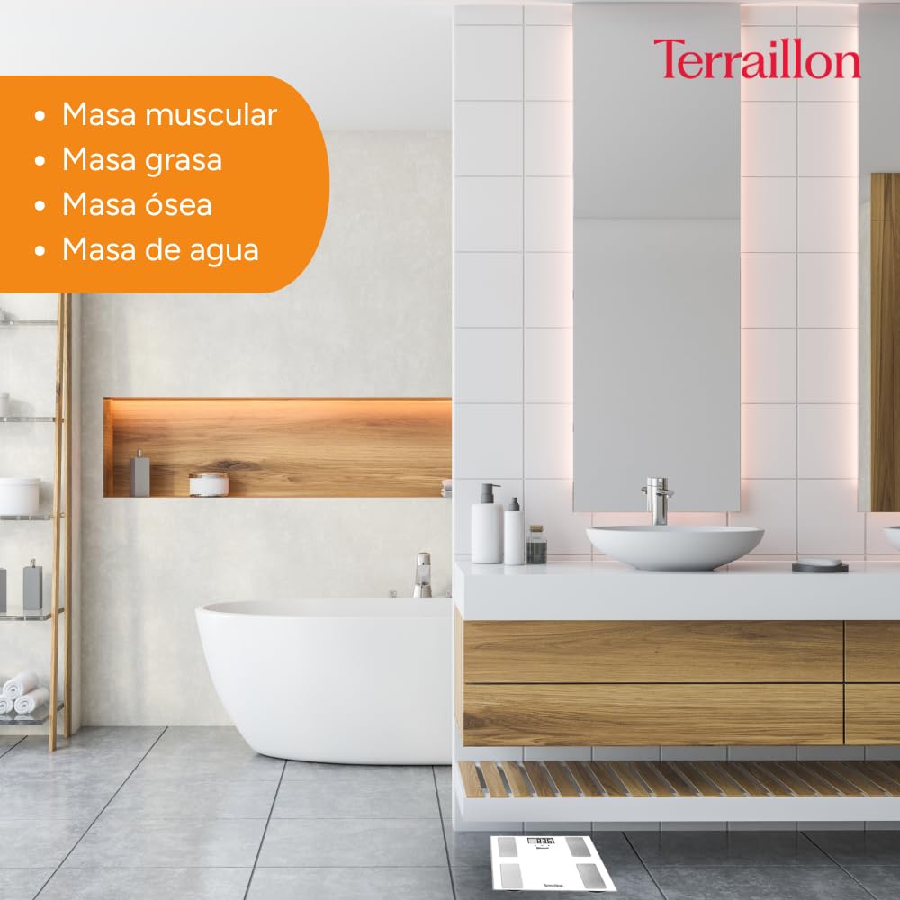 TERRAILLON Báscula de Baño Conectada SMART CONNECT - IMC - 8 Usuarios - Bluetooth Low Energy - Capacidad 160Kg - Blanco