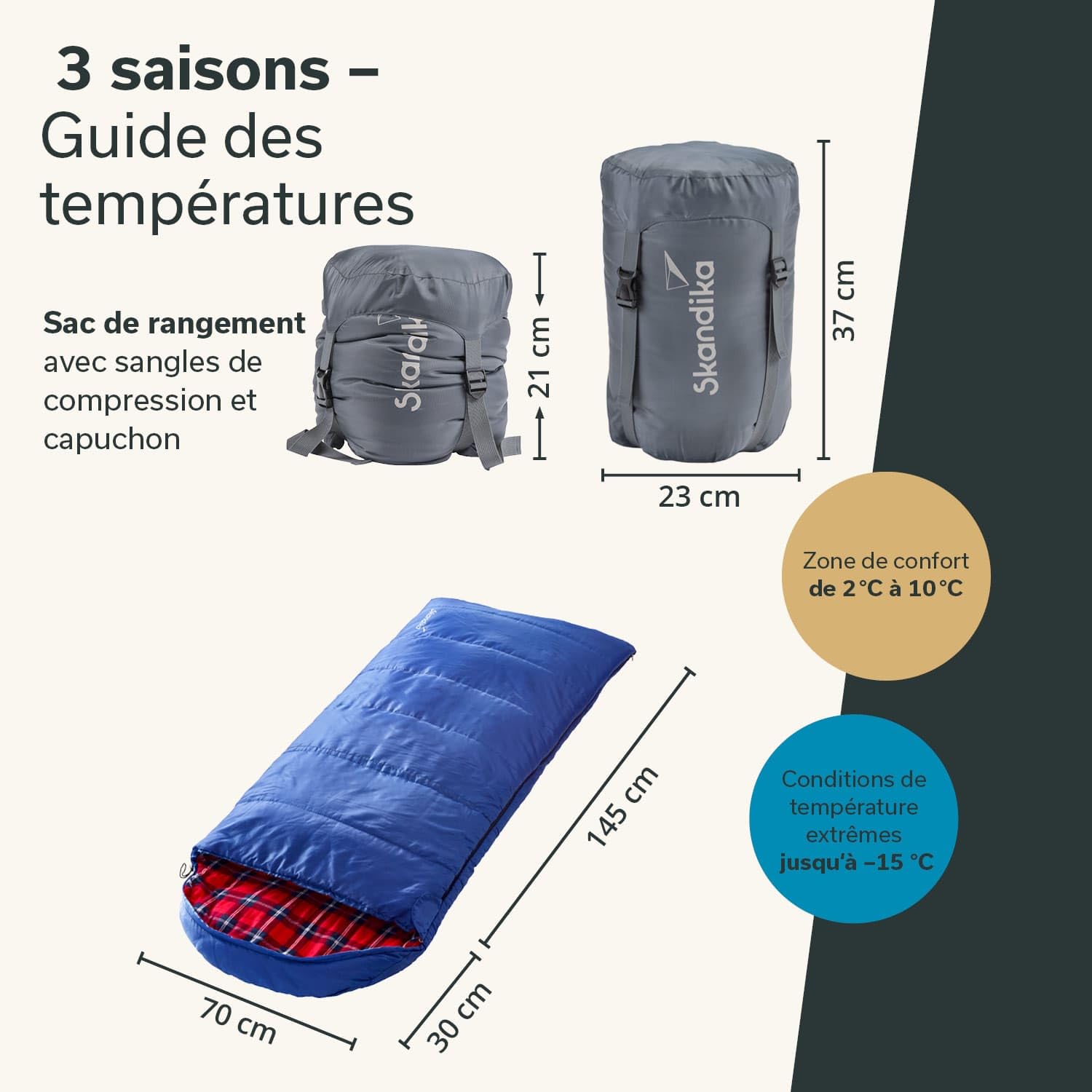 Skandika Dundee Junior Sac de Couchage Enfants | Sac de Couchage de Camping Enfants, Doublure intérieure Flanelle de Coton, Doux et Moelleux, Hydrofuge, 3 Saisons, 175 x 70 cm