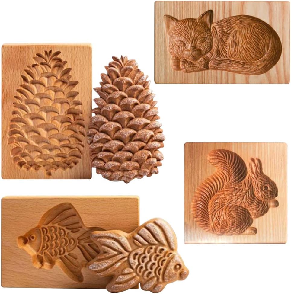 4 Pieces Wooden Cookie Molds Biscuit Carved Wooden Mould DIY Cookie Stamps Cookie Cutter Funny 3D Press Embossing Mold Flower Pattern Baking Tool