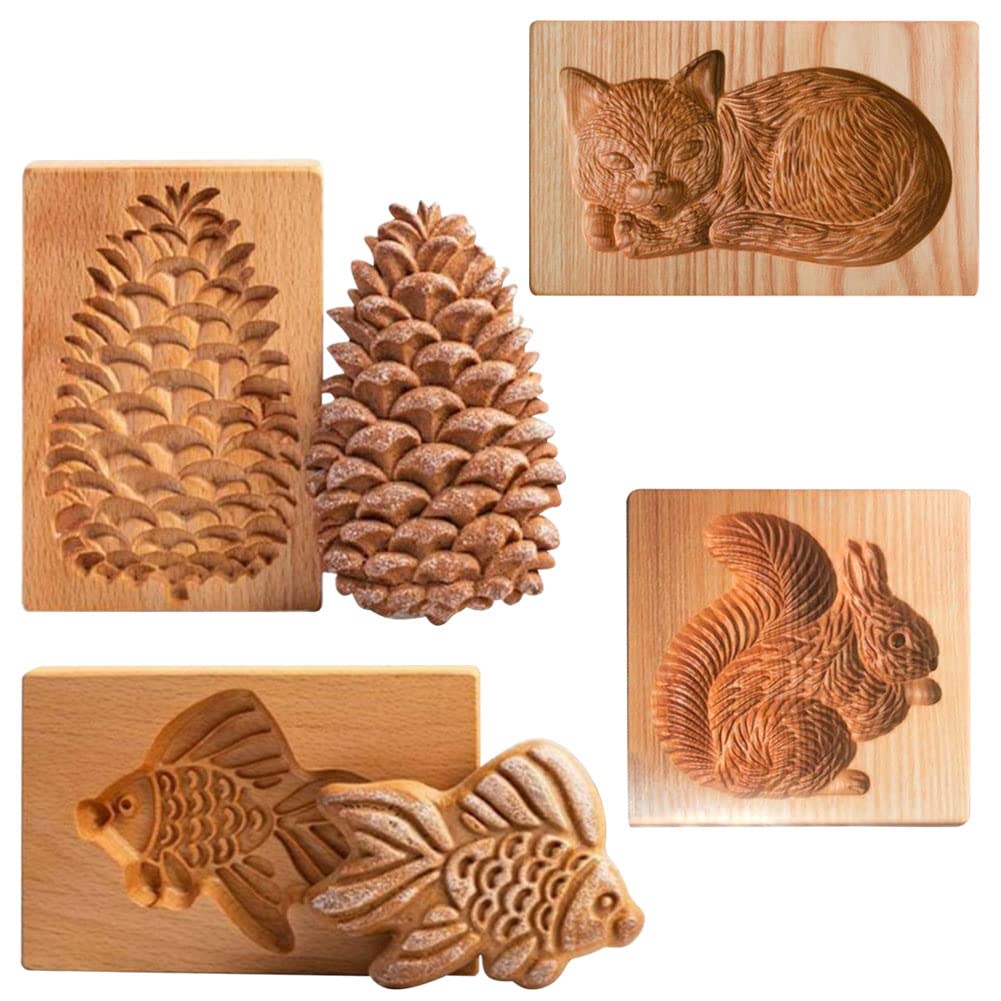 4 Pieces Wooden Cookie Molds Biscuit Carved Wooden Mould DIY Cookie Stamps Cookie Cutter Funny 3D Press Embossing Mold Animal Pattern Baking Tool