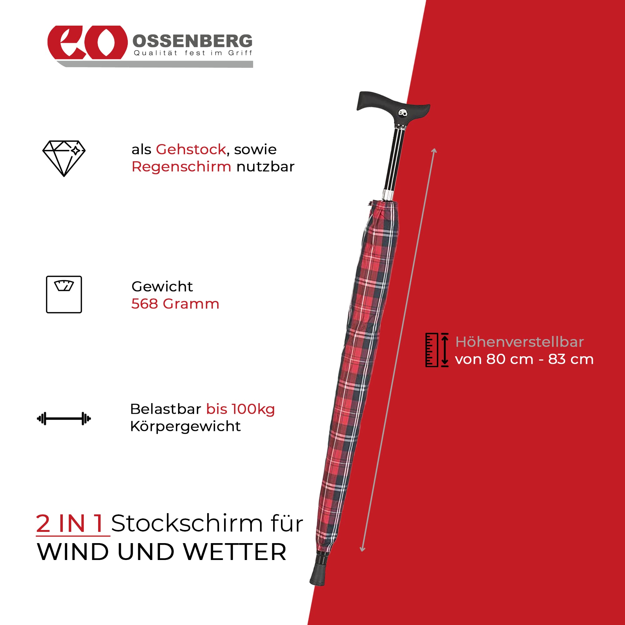 Ossenberg, Zwillingsschirm mit Fritzgriff im Design Plaid, höhenverstellbar von 87-95 cm, braun, 3030