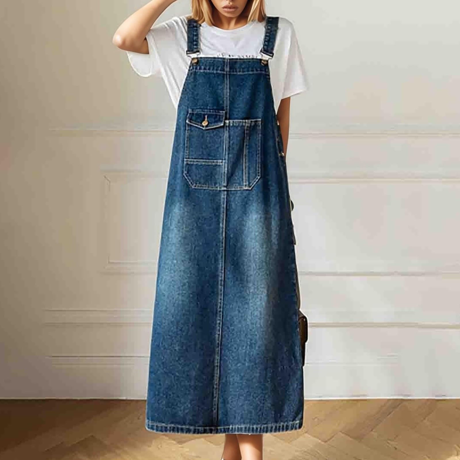 Générique Robe Femme Chic et Elegant Ete Robes pour Femme Longue Robe Salopette en Jean décontractée, Coupe Ample, Style coréen, Polyvalente, Longueur midi, Amincissante