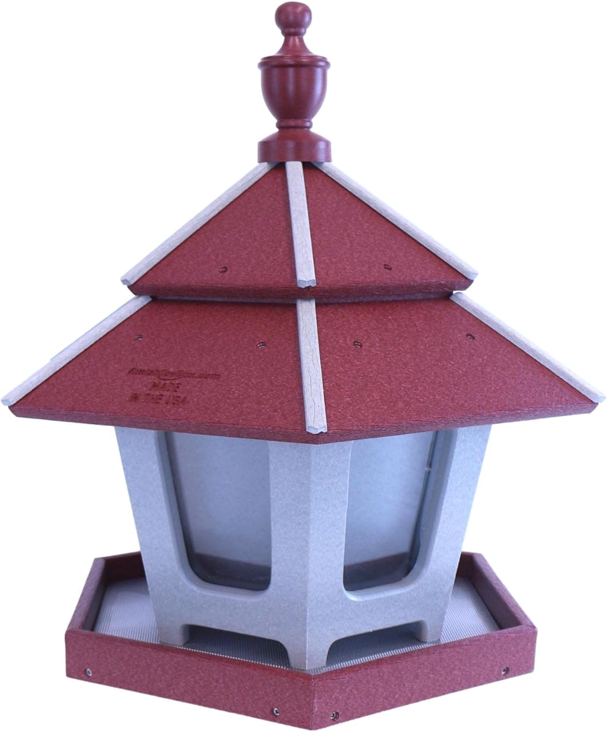 AmishToyBox.com Gazebo Bird Feeder - Deluxe Triple Compartment Post-Mount Large Bird Feeder - Made in The USA with Poly Lumber (Cherry Wood and Light Gray)