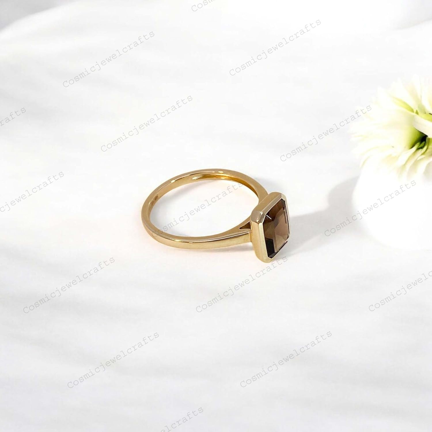 Emerald Cut Smoky Quartz Engagement Ring 14K Yellow Gold Brown Gemstone Women Solitaire Fine Jewelry Bezel Setting Promise Ring Gift for Her