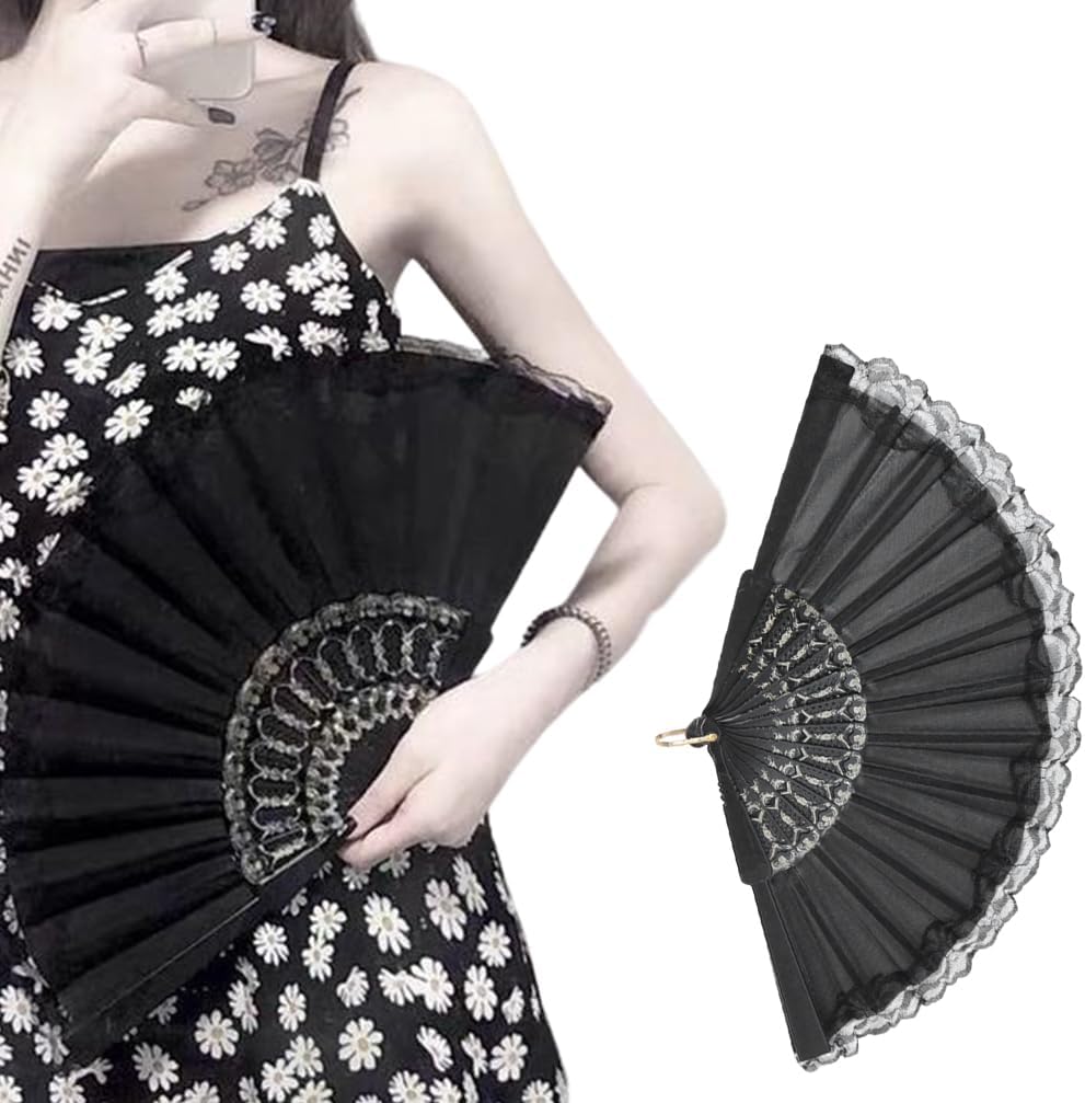 ASVNRES Lolita Vintage Black Hand Fan, Halloween Retro Handheld Folding Lace Fans for Women Foldable Halloween Cosplay Costume Dancing Show Tea Party Wedding Photo Props