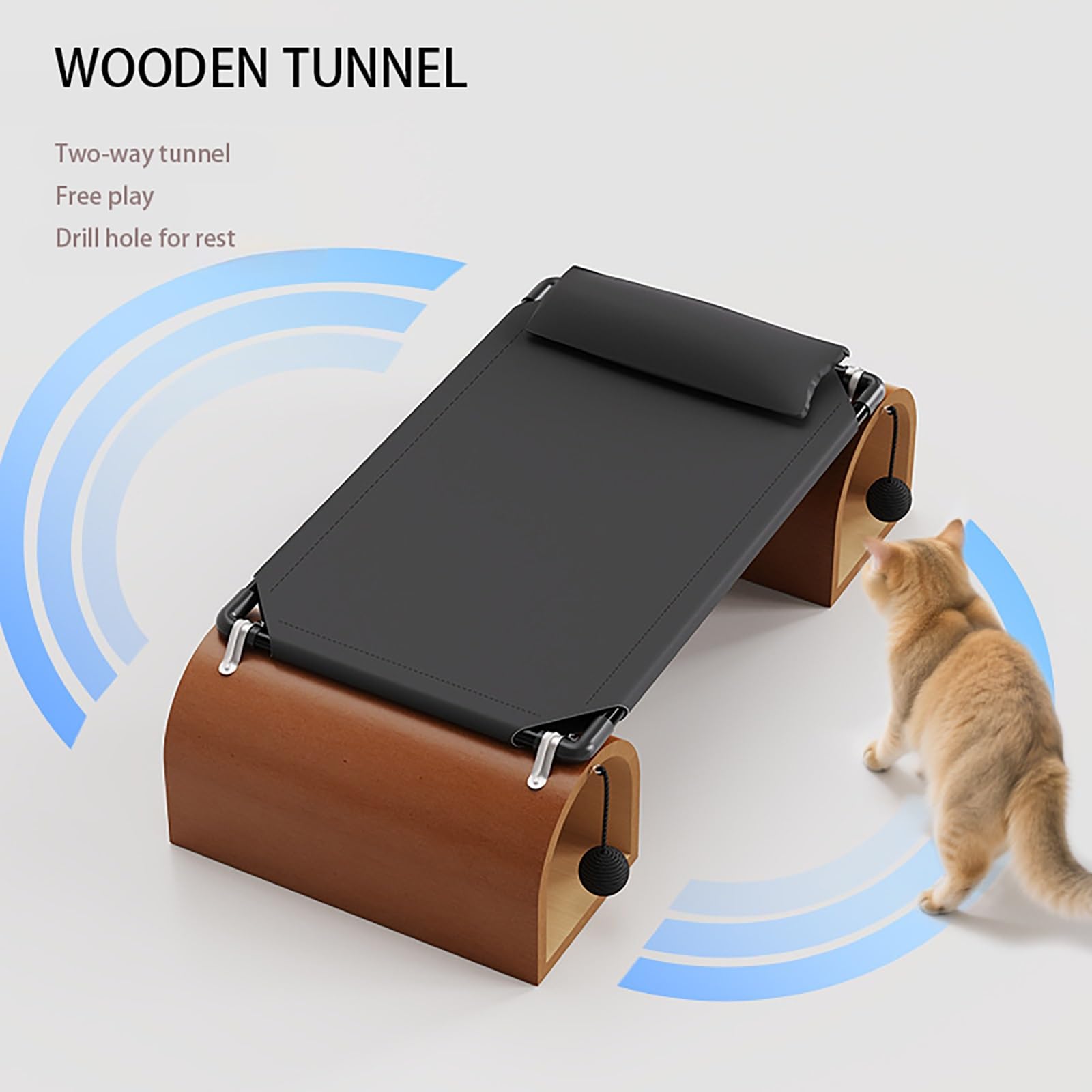 Cama tipo túnel para gatos, escondite de madera con túneles duales, hamaca a prueba de humedad y juguete de bola colgante para gatitos y mascotas pequeñas