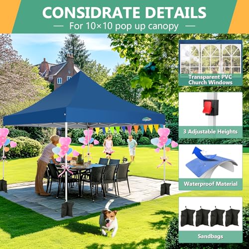Image of COBIZI 10x10 Easy Pop Up Canopy Tent, Instant Commercial Outdoor Gazebo with 3 Sidewalls, Waterproof and UV Protection 50+ Event Shelter for Camping, Family Parties & Patio with 4 Sandbags,Light Blue