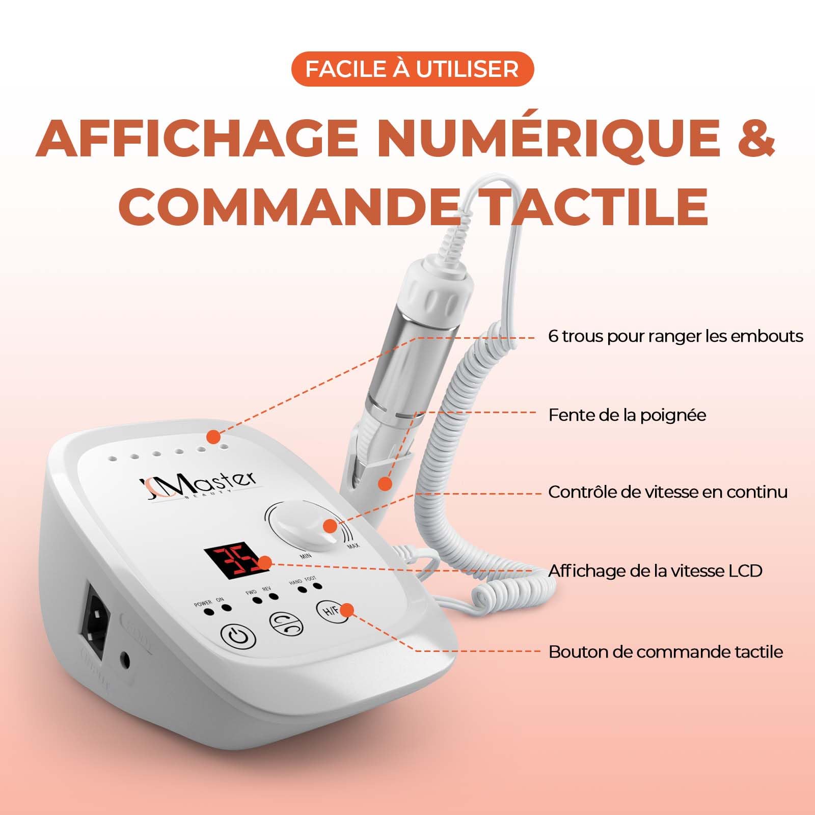 JCMASTER Ponceuse pour Ongles Professionnelle, 35000 tr/min Lime à Ongles Électrique avec Pédale + 6 Embouts Set Manucure Pédicure pour Retirer le Vernis/Gel/Cuticules