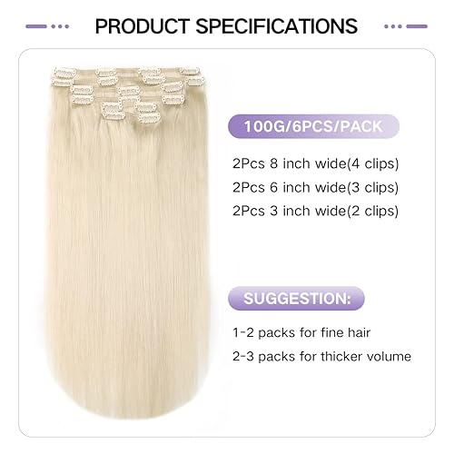 Miniatura 2 de Extensiones de cabello humano real con pinzas, color rubio platino, 20 pulgadas, 4.23 oz, 6 unidades, extensiones de cabello Remy lacio, sedoso y