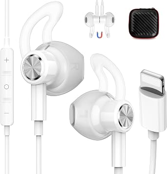 iMangoo for Apple Lightning Headphones MFi-Certified Wired Earbuds White | Magnetic Larger Ear Buds Earphones with Anti-Drop Tips Corded Headset Cord for iPhone 14 Plus 13 Pro Max 12 Mini 11 XS XR 8