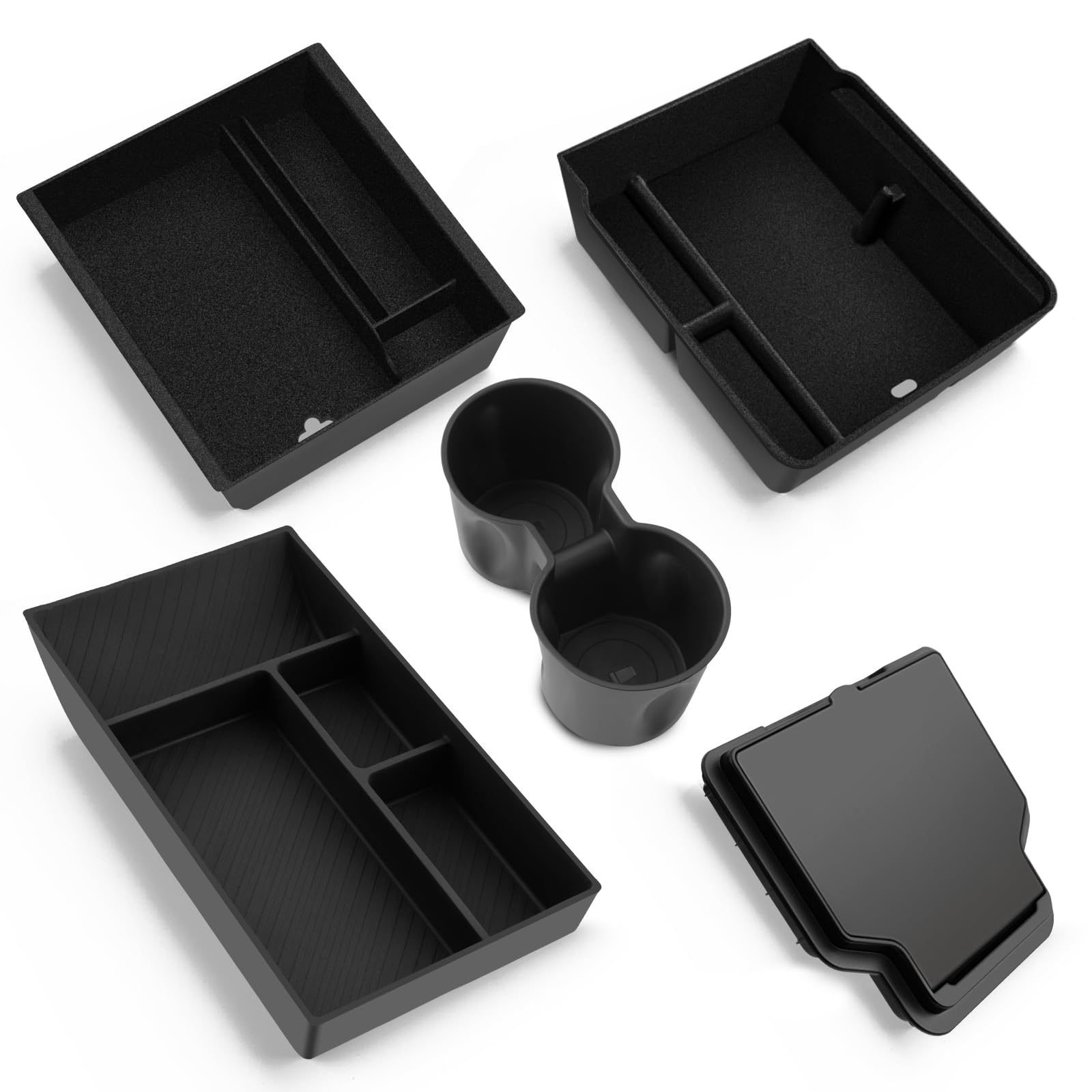 5 Pcs Zubehör für Tesla Model Y 2025-2026 Juniper Mittelkonsole Organizer, Silikon Organizer Tray, Armlehne Aufbewahrungsbox, Versteckte Box und Getränkehalter (Beflockung)