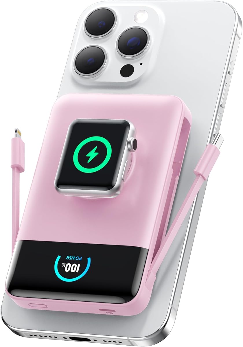 Magnetic Portable Charger for MagSafe with Built-in Cable,iWatch Charger,10800mAh Wireless Power Bank Travel Essentials,25W PD Fast Charging Battery Pack for iPhone 17/16/15/14/13/12,Apple Watch-Pink