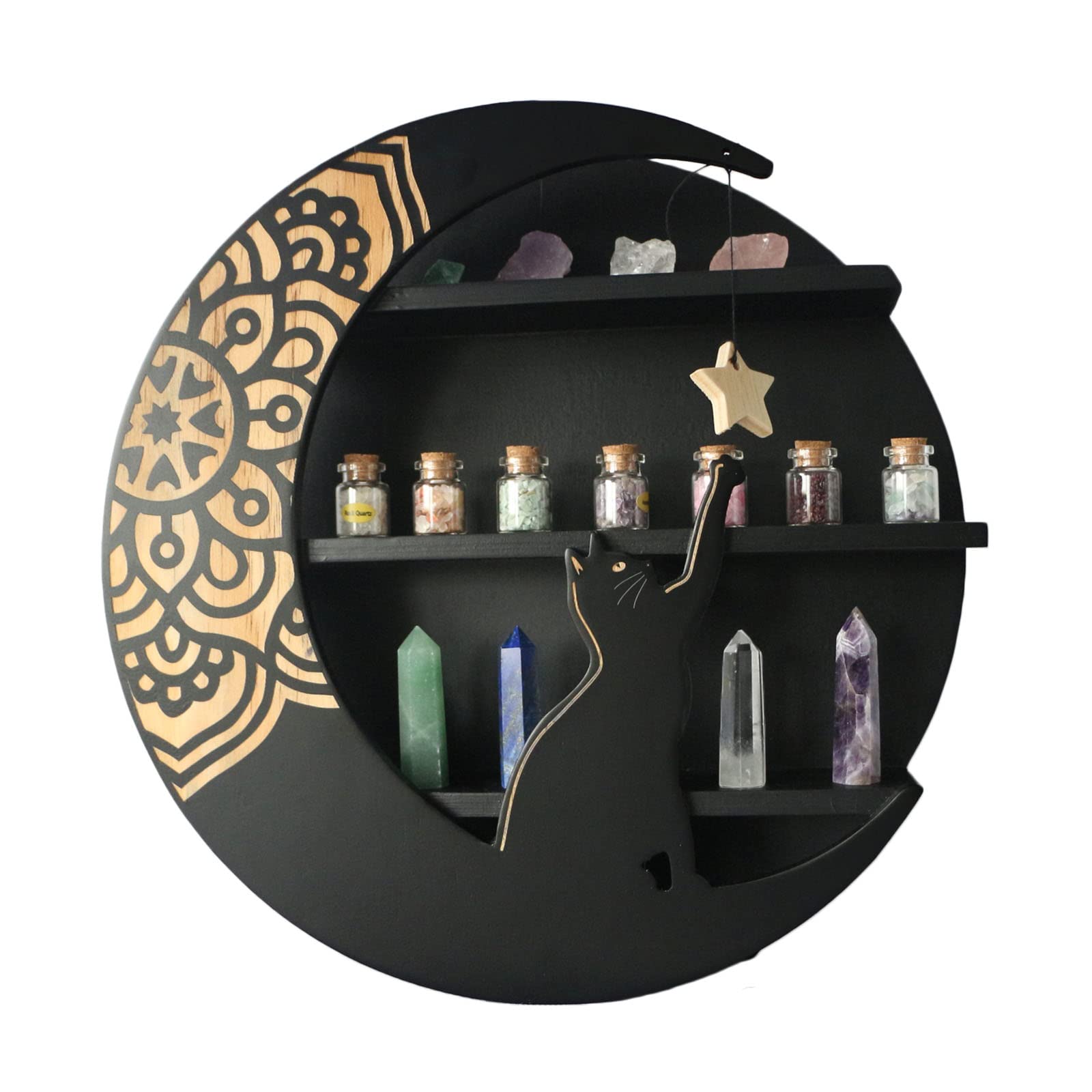 Photo 1 of * MINOR DAMAGE * Natural Wood Round Wall Shelf With Star Moon And Cute Cat,Unique Decorative Floating Shelf 