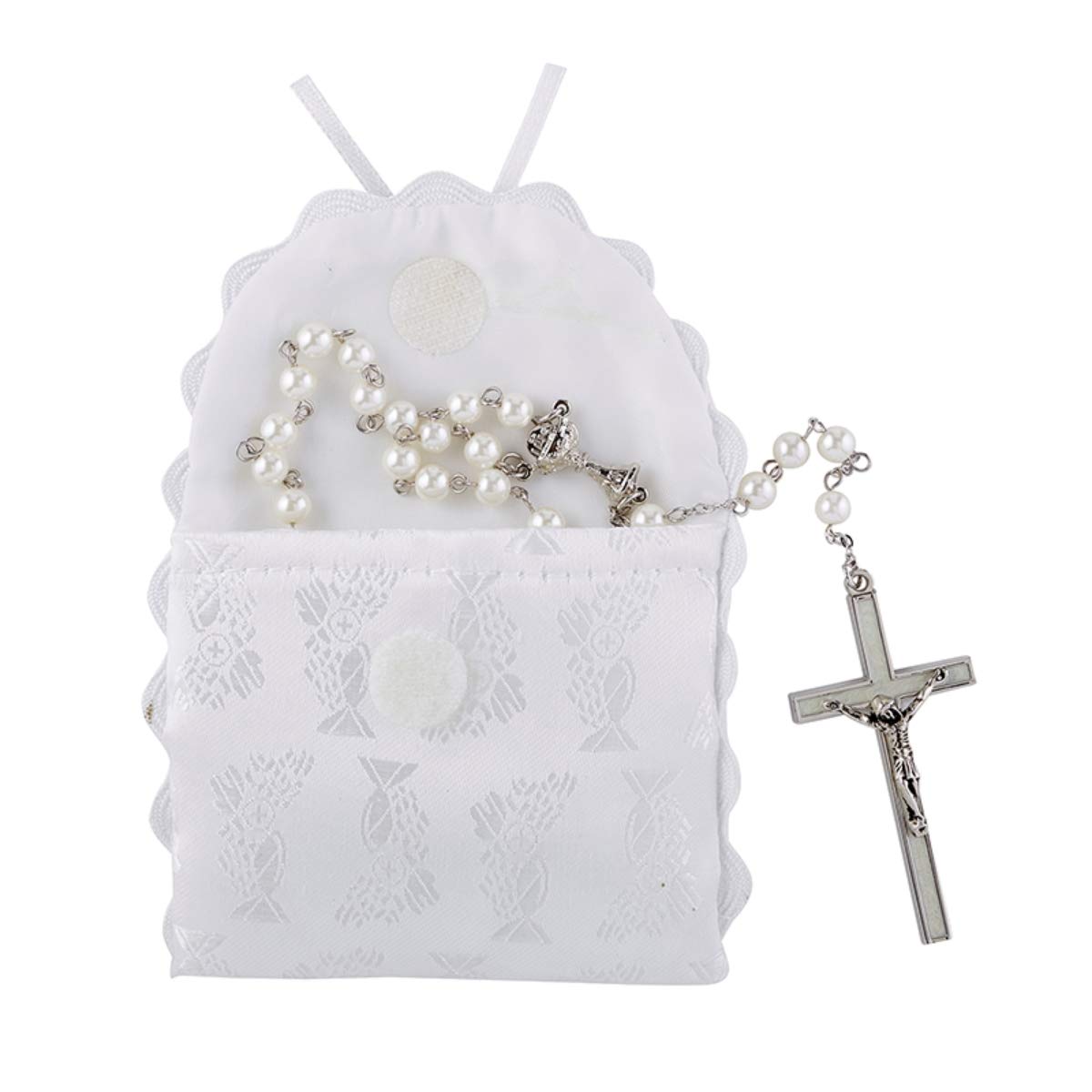 First Communion White Satin Brocade Rosary Case with Chalice Design, 3 1/4 Inch