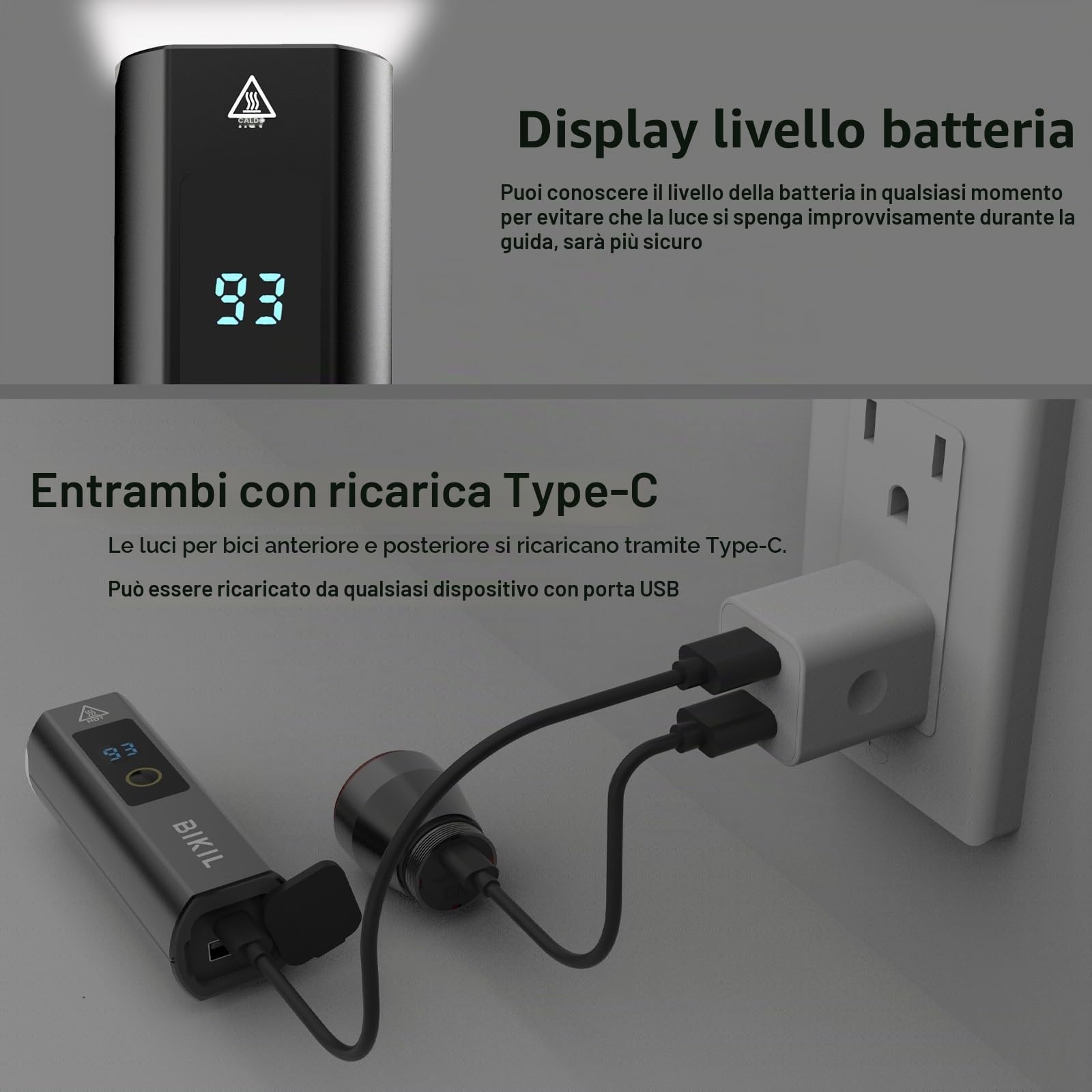 BIKIL Luci Bicicletta Led,Luce Posteriore Intelligente,Faro e Staffa per Bici in Alluminio,5000mAH Ricaricabili USB C Fanale Anteriore Bicicletta con Indicatore del Livello di Carica della Batteria