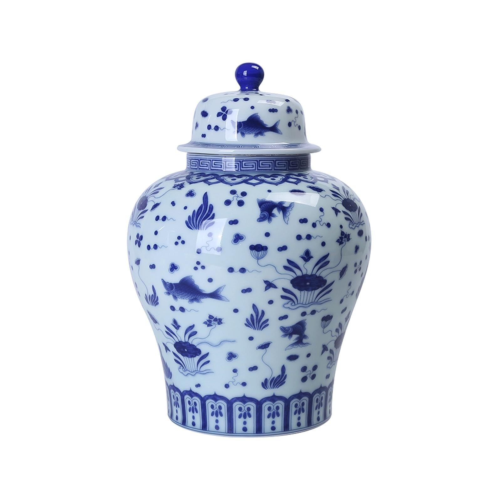 Temple Jar Blue And White Koi Fish Lotus Ceramic Ginger Jar with Lid,Classic Chinoiserie Aquatic Print Decorative Porcelain Canister(L)