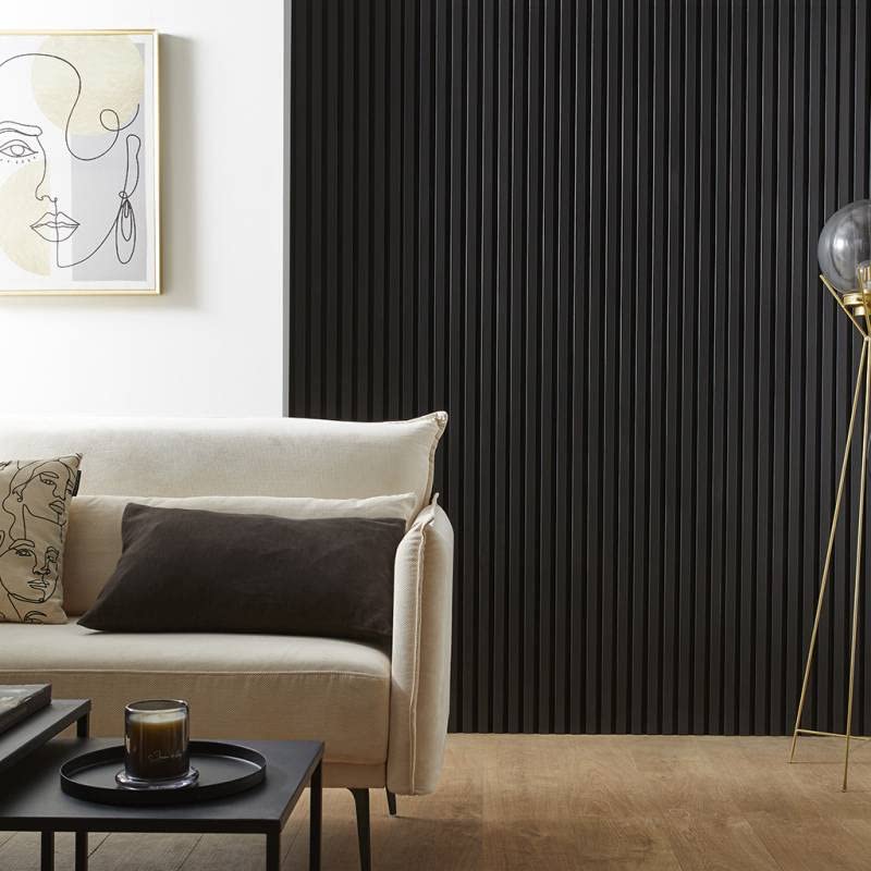 DECOON Lote de 2 paneles listones de madera, 250 x 30 x 2 cm, listones de chapa negra, fondo negro, 1,5 m²