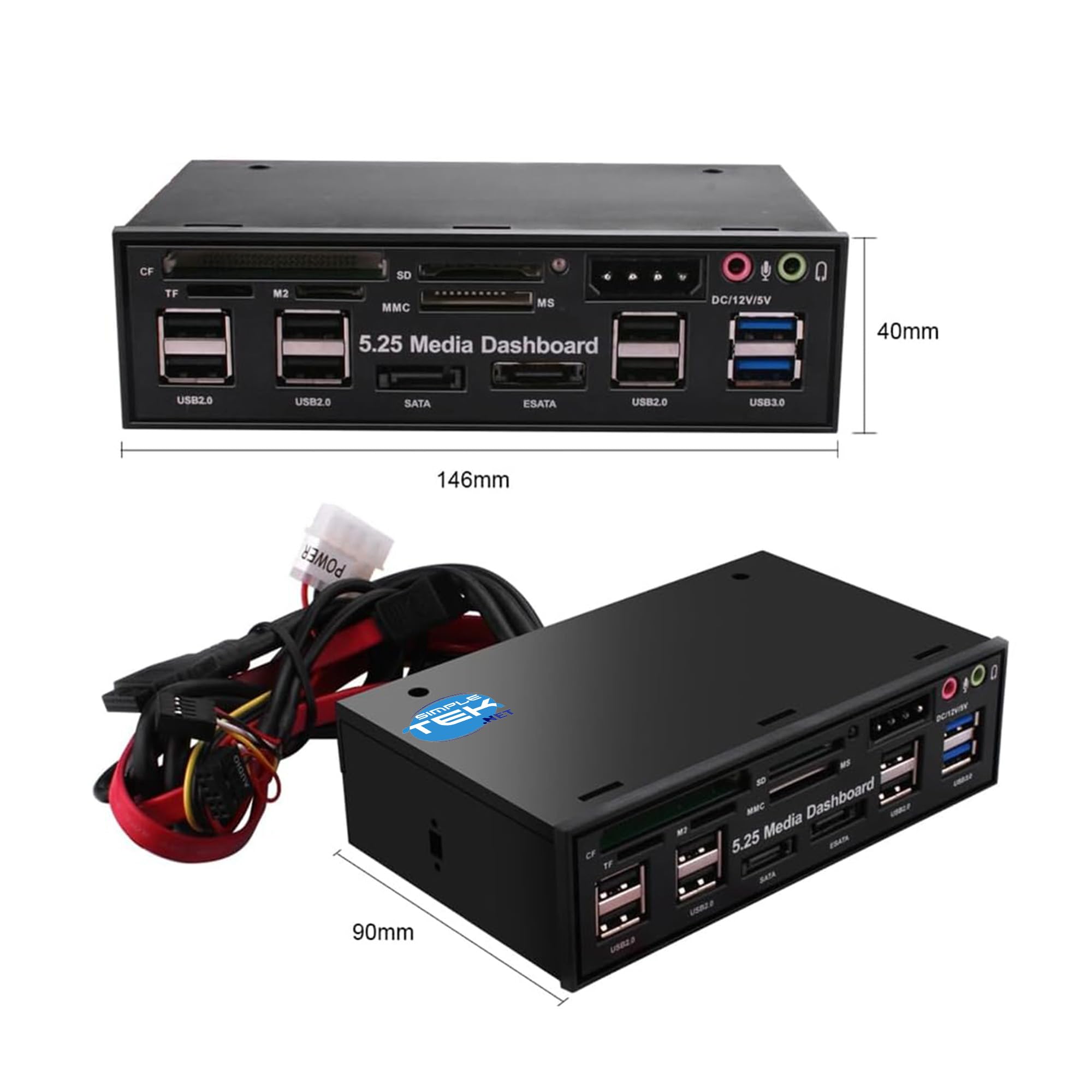 SIMPLETEK - Pannello Media Dashboard 5.25" Multifunzione - Lettore Card 6-in-1 - Hub USB 3.0/2.0 - Porte SATA & eSATA - Uscita DC 12V/5V (Ricondizionato)
