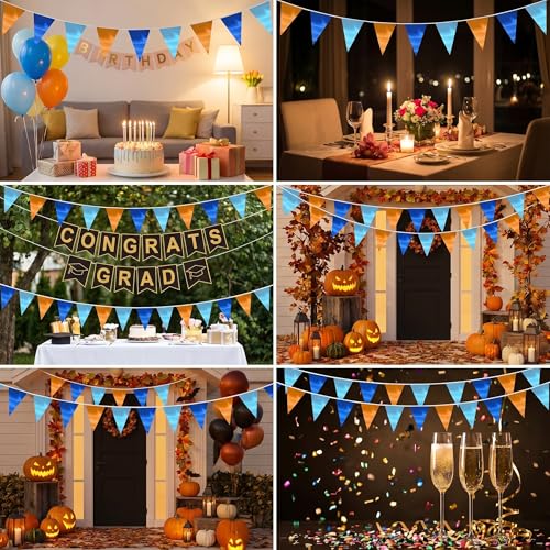 Image of 130FT Lakeblue LightBlue Orange Triangle Pennant Banner Flag Metallic Fabric Bunting Garland for Christmas Graduation Wedding Anniversary Bachelorette Birthday Bridal Shower Valentines Party Supplies
