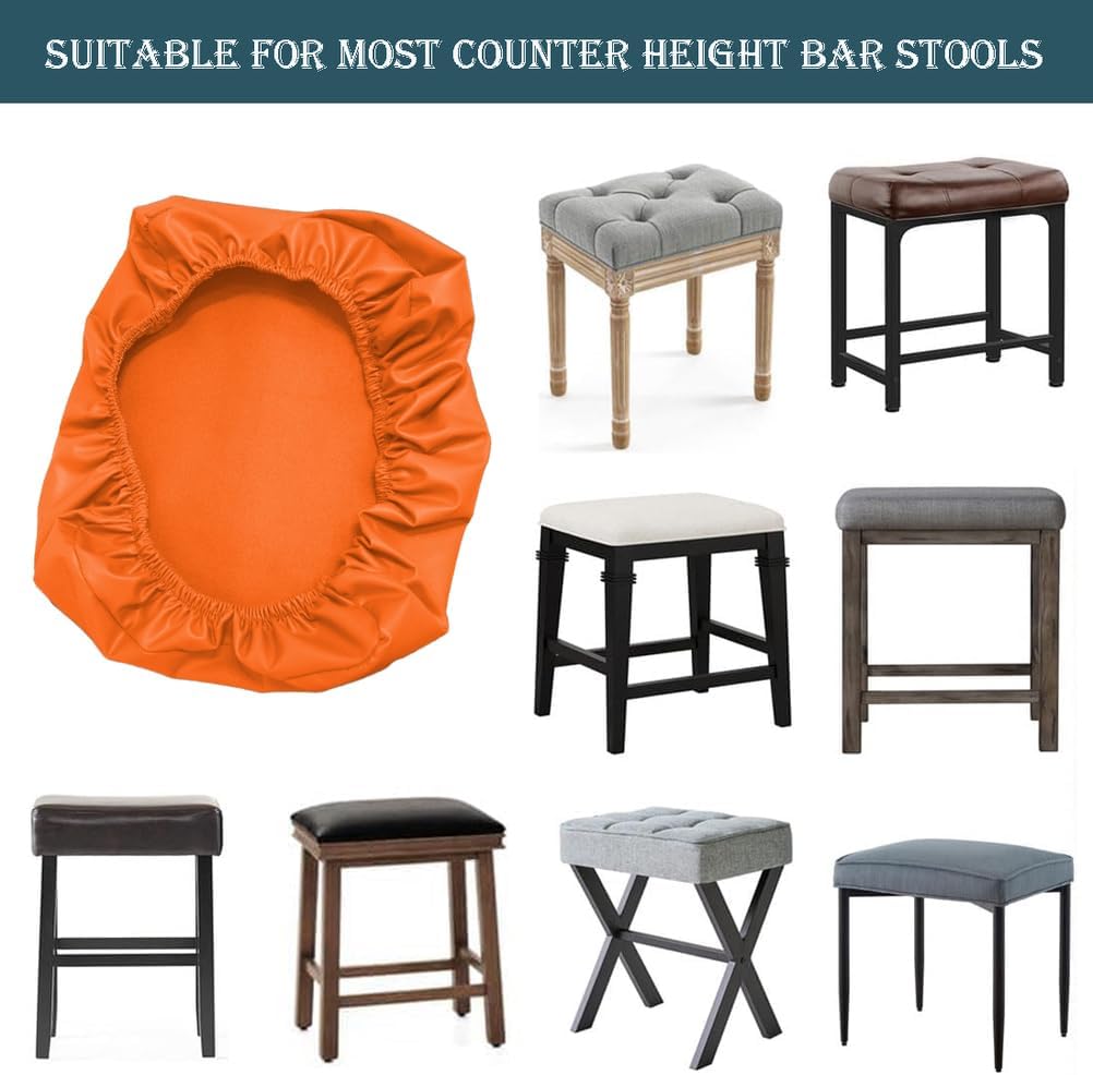 LIWLLIUA‎ Waterproof Stretch PU Leather Bar Stool Covers – Washable Rectangular Counter and Vanity Stool Seat Covers with Elastic Bands, Fit Wooden & Metal Barstools,Orange pu,4pcs