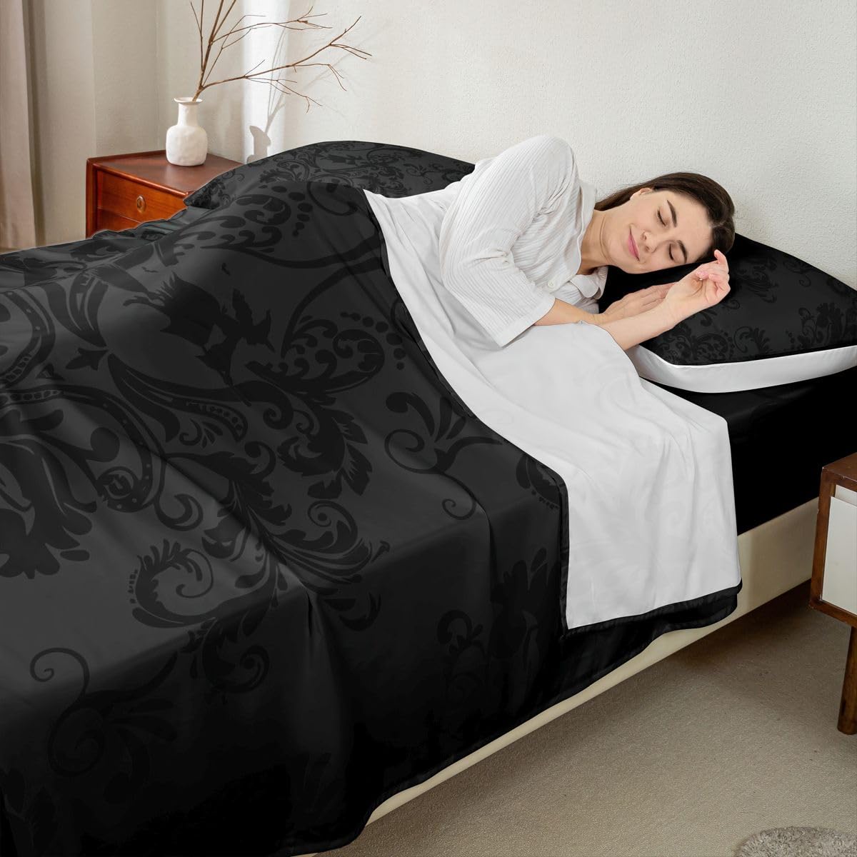 Homewish Czarny adamaszek zestaw pościeli podwójna czarownica gotyckie prześcieradła vintage boho kwiatowy zestaw pościeli - antyczne wiktoriańskie prześcieradła z gumką 4-częściowy wystrój pokoju