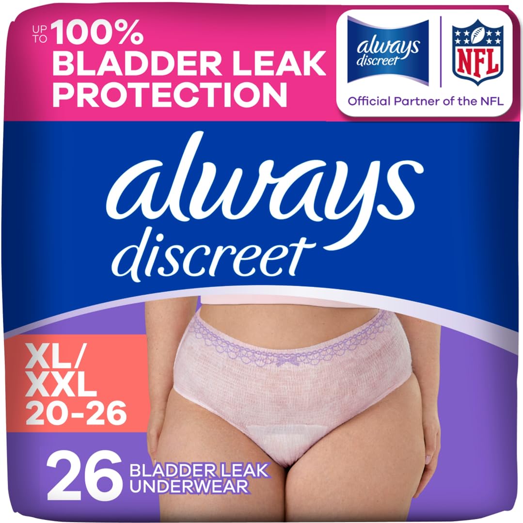 Always Discreet Adult Diapers for Women, Incontinence Underwear, Postpartum Essentials, Disposable Briefs, Max Absorbency, Bladder Leak Protection, Extra Large/XL, 26ct