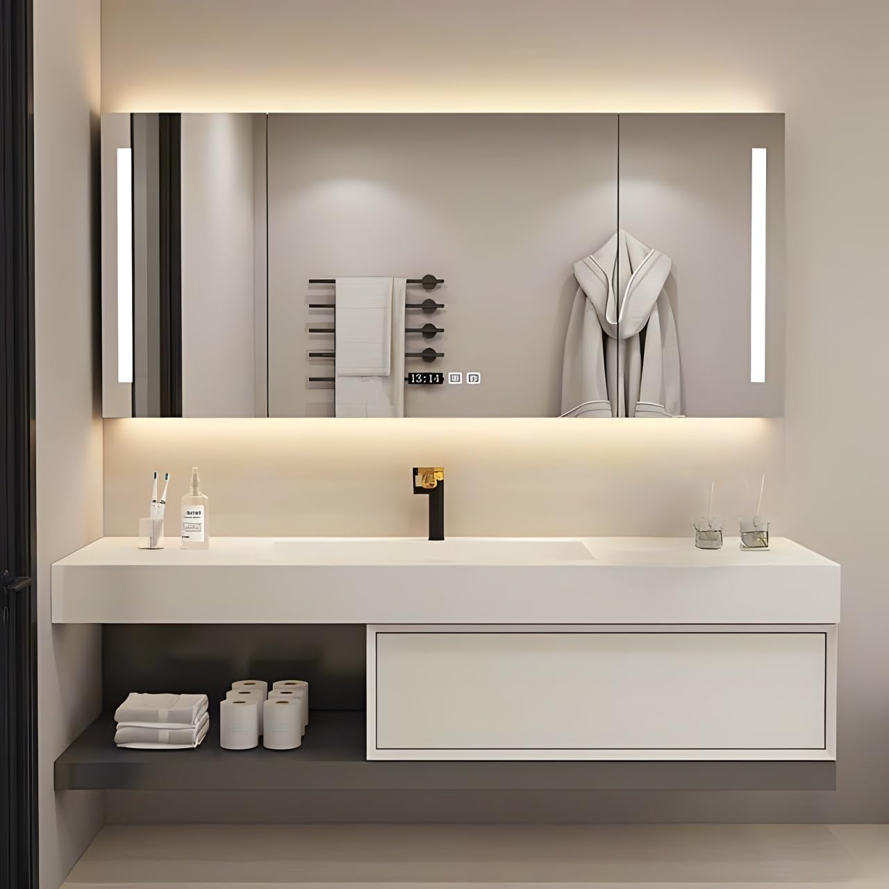 132 cm zestaw łazienkowy z litego drewna montowany na ścianie pojedynczy zlew blat rockowy minimalistyczny styl LED odmgławiające lustro szafka eleganckie białe i szare wykończenie