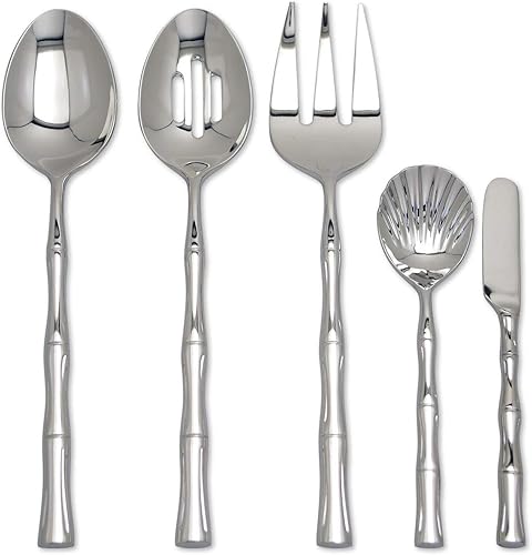 Miniatura 4 de UP ware - Juego de cubiertos con forma de bambú de 45 piezas, cubiertos de acero inoxidable 188, servicio para 8 personas con juego de servir,