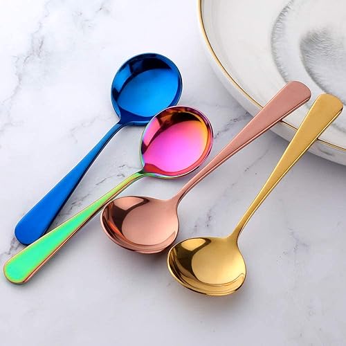 Miniatura 4 de MINGYU Juego de 4 cucharas de sopa redondas pesadas – Cuchara de caldo de acero inoxidable Muticolor, cucharas para servir la cena, cucharada de