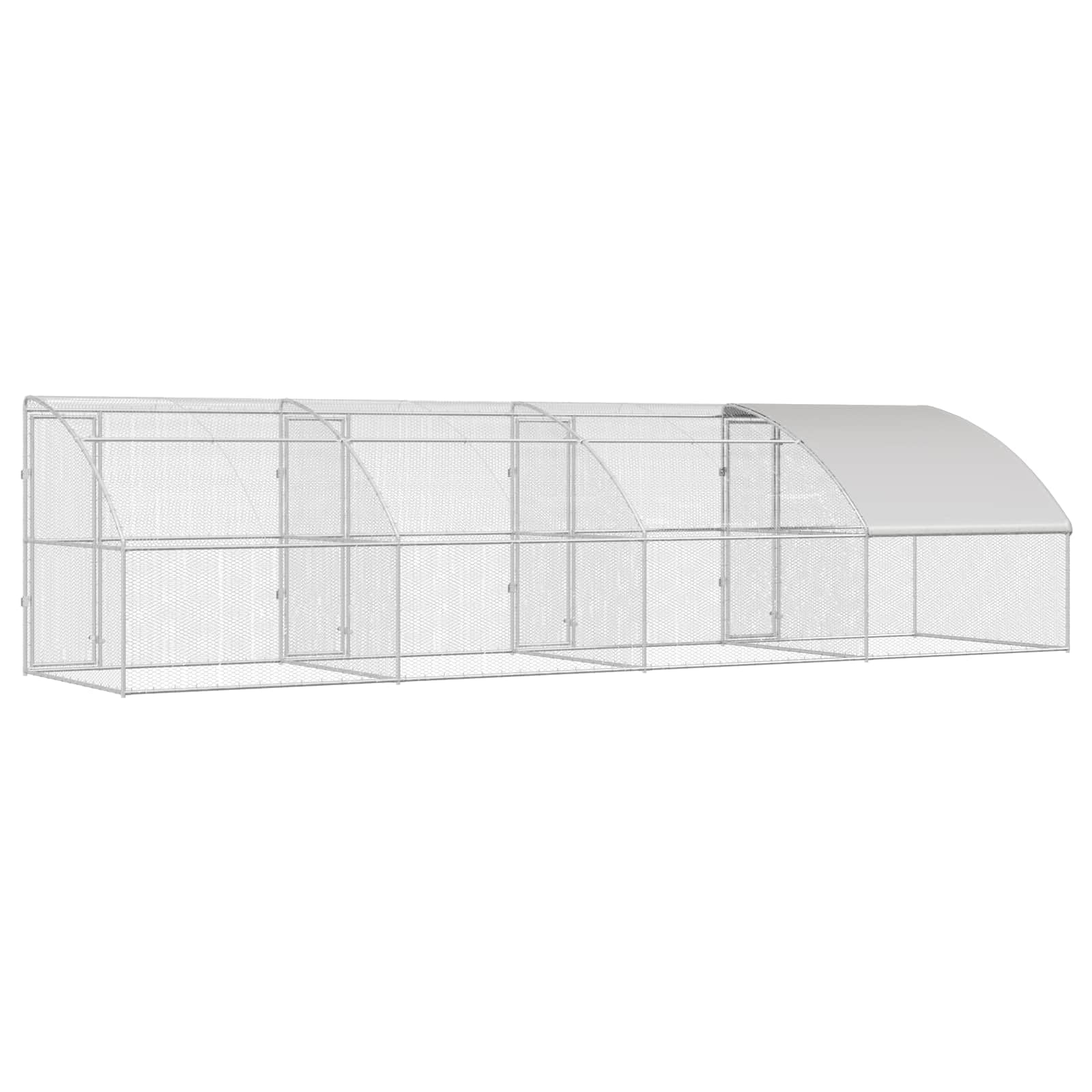 Klatka dla kurcząt ze stali i PE w kolorze srebrnym, 4-częściowy wybieg dla małych zwierząt 800 x 200 x 200 cm, odporny na warunki atmosferyczne domek dla gryzoni z siatką ochronną i dachem
