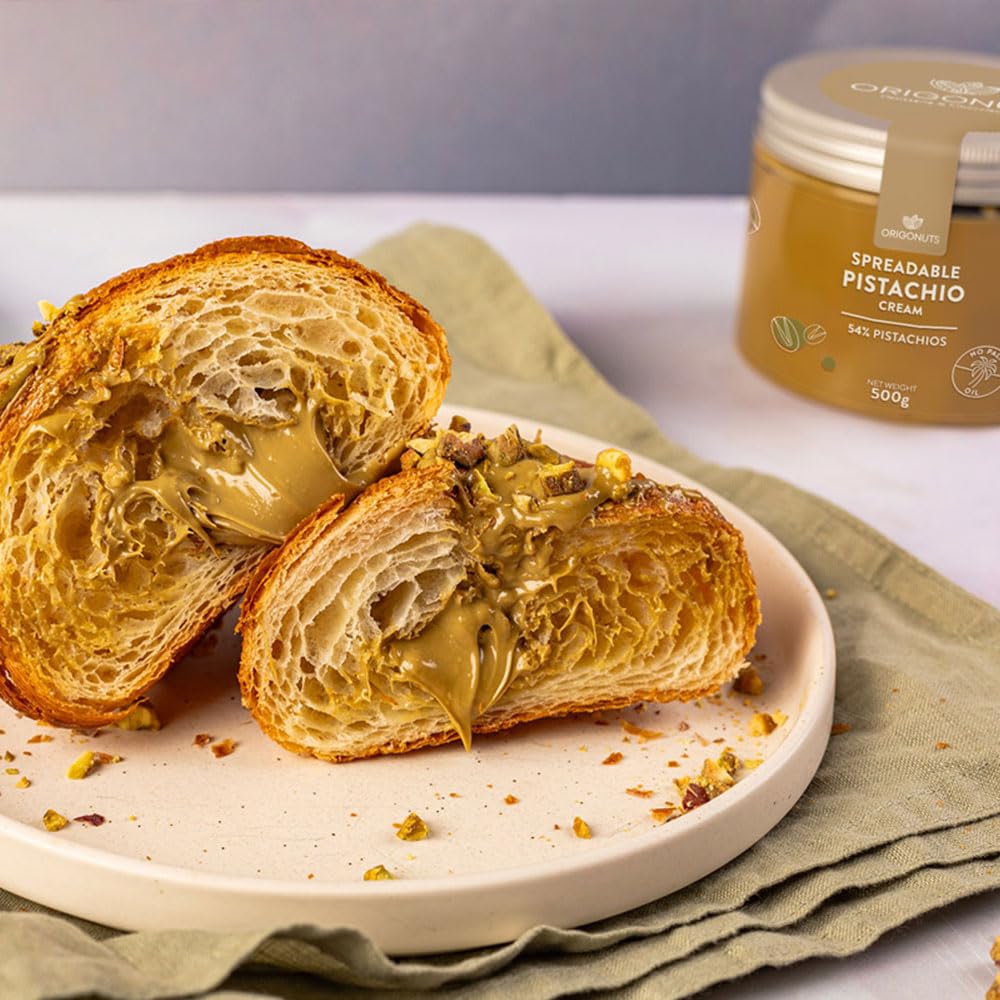ORIGONUTS, Pistazienpaste 54% Pistazien, Pistaziencreme, Pistazienmus - Basis für Kuchen, Cremes, Desserts, Eiscreme, Dubai-Schokolade - Ohne Farbstoffe, Ohne Palmöl - 500 g