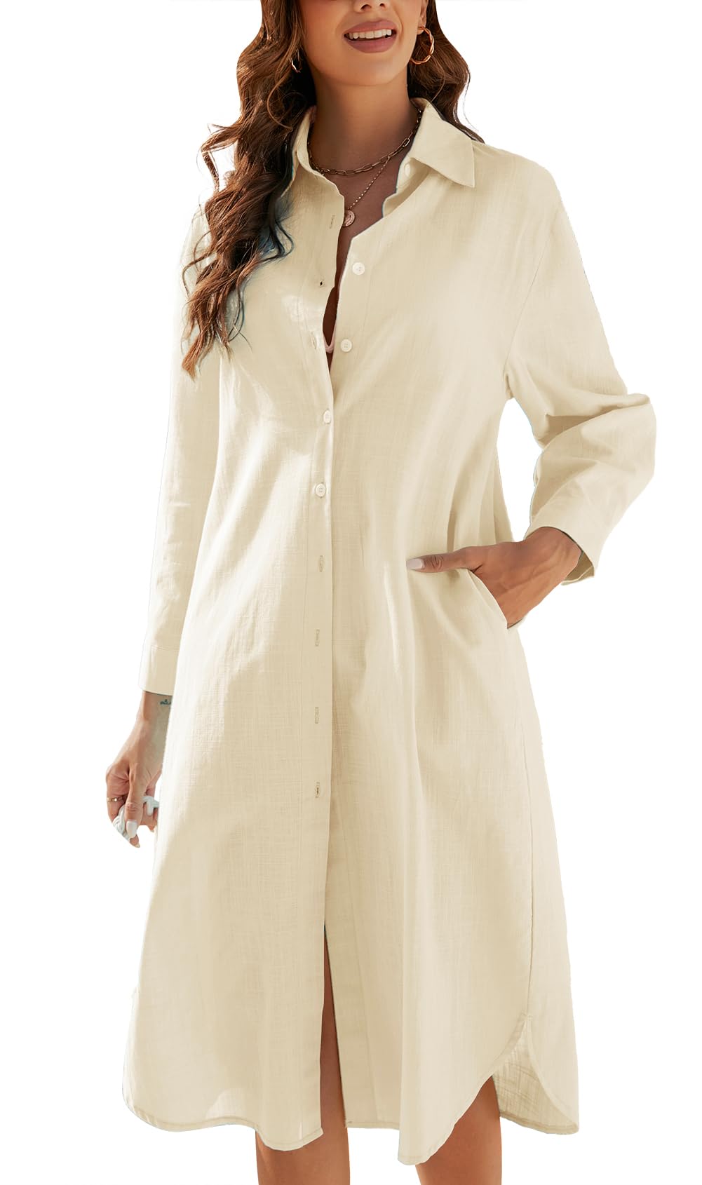 Ladyful Womens Cotton Linen Shirt Dress Button Down Summer Maxi Shirtdress Midi Dress