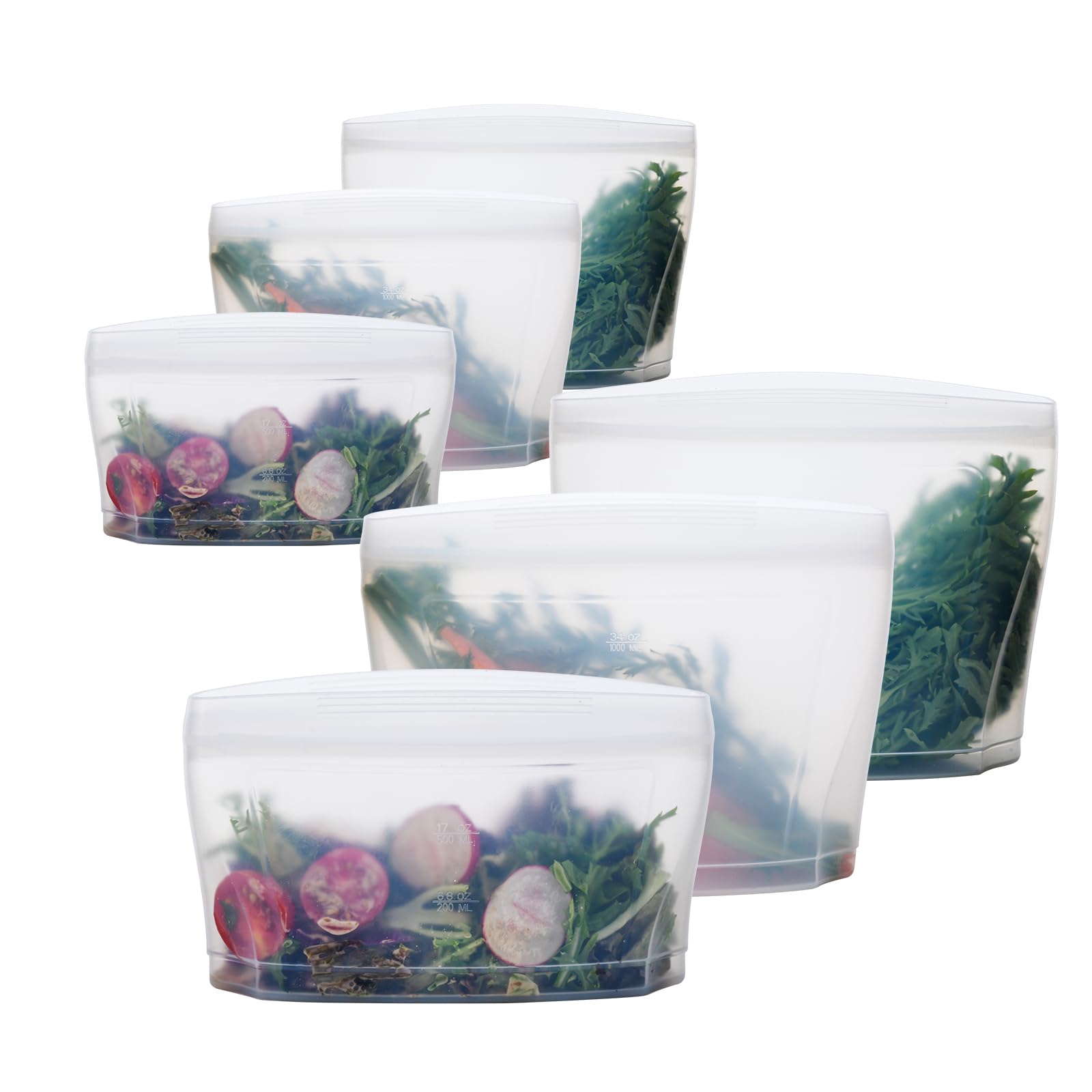 Reusable Silicone Food Storage Bag, Set of 6 White Stand Up Food Storage Container, Reusable Zipper seal bag, no lid required, for Food Storage& Meal Prep, Freezer Oven Dishwasher - Safe