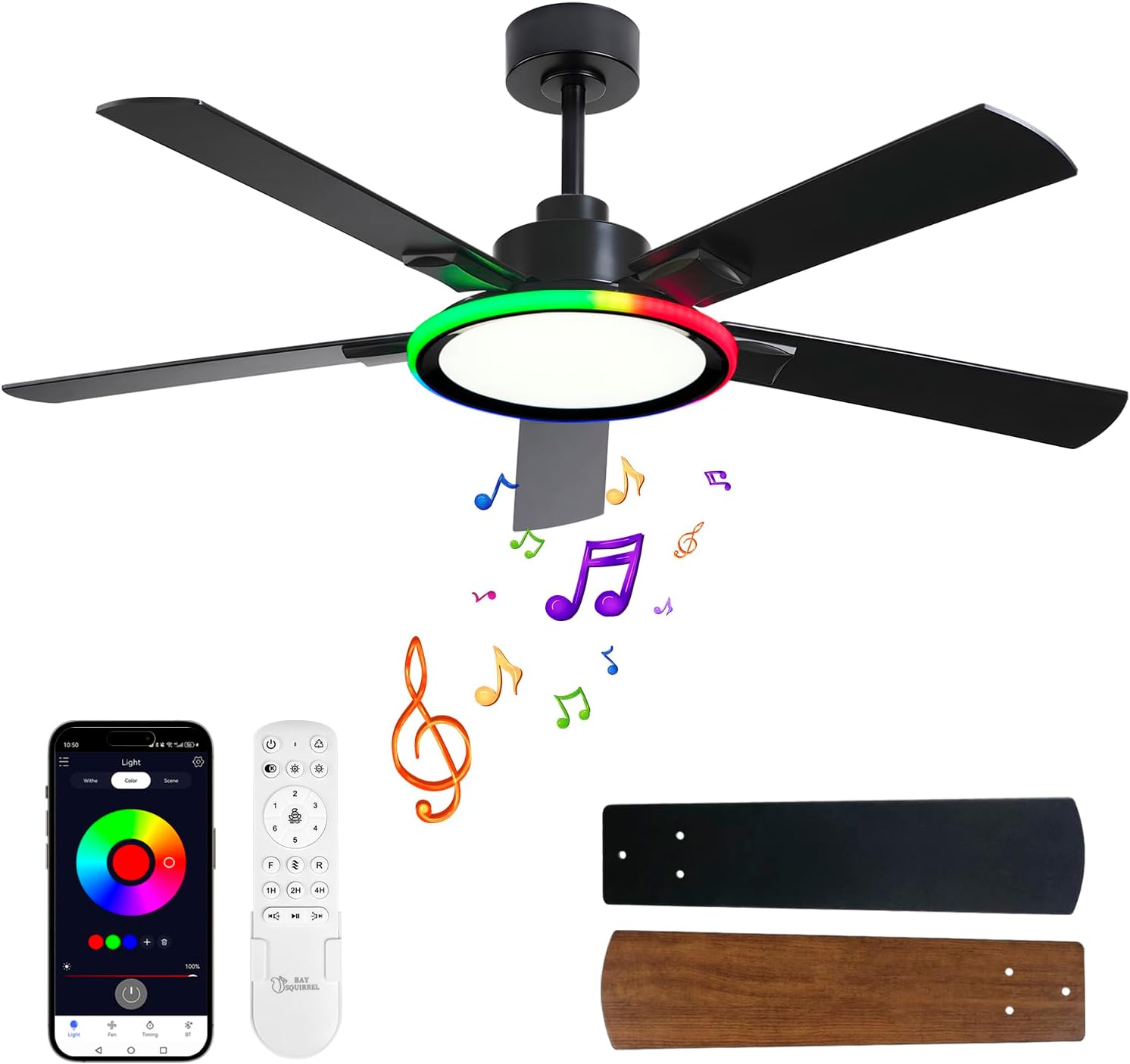 52" Ceiling Fans with Lights,Bluetooth Ceiling Fan with Speaker,6-Speed Reversible Motor,Full-Spectrum Adjustable Lighting,Edge Ambient Lights,Low Profile Ceiling Fan with Light and Remote/App Control