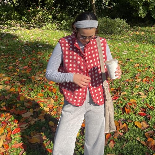 Womens Checkered Sherpa Vest Sleeveless Winter Fleece Jacket High Neck Zip Up Plaid Gilet with Chest Pocket3