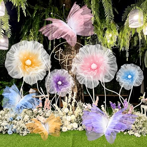 Image of Cinnvoice 8 Pcs Large Colorful Butterfly Flower Decorations 20 Inch 12 Inch 3D Giant Silk Butterfly Big Flower Mariposas Grandes para Decoracion for Wedding Backdrop Birthday Party