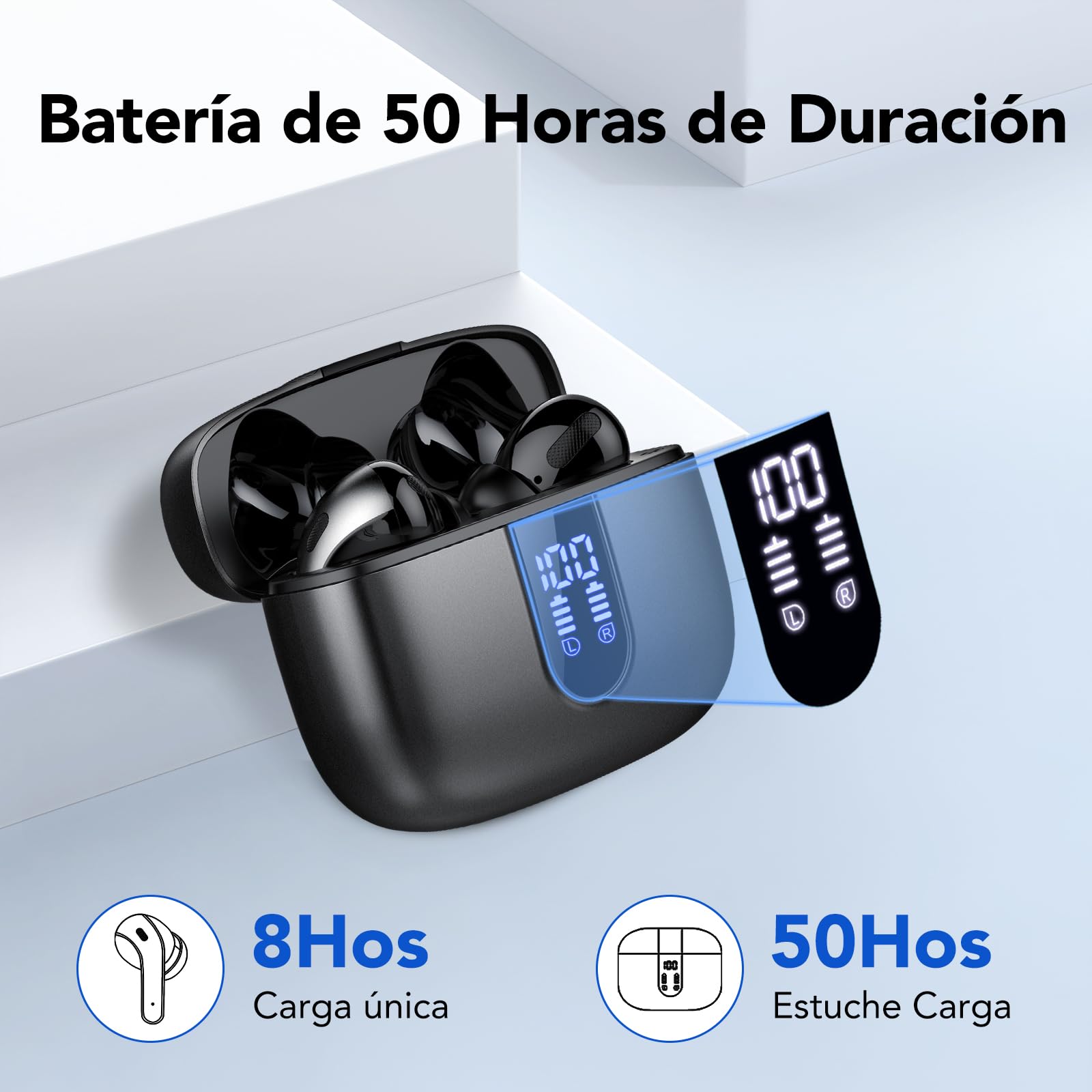 Auriculares Inalámbricos Bluetooth, Auriculares Bluetooth 5.3, 4 Mic con Reducción de Ruido ENC, 50H con Graves, Cascos Inalambricos Bluetooth IP7 Impermeable, Carga Rápida USB-C, Ajuste Cómodo — view 3