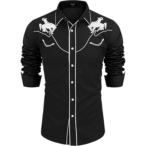 COOFANDY Men's Western Shirts Long Sleeve Embroideres Cowboy Shirts Casual Button Down Shirt
