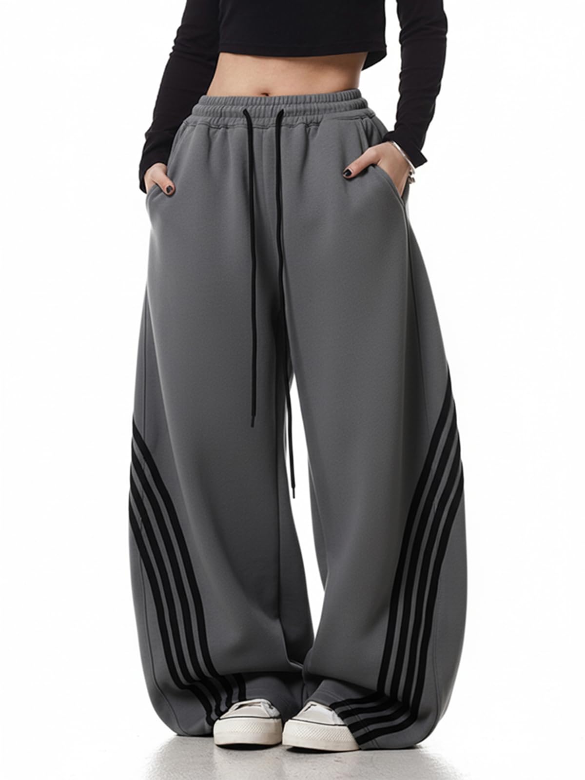 EMMIOL Womens Y2K Baggy Striped Sweatpants High Waisted Wide Leg Casual Pants Joggers with Drawstring Waist and Cuffs