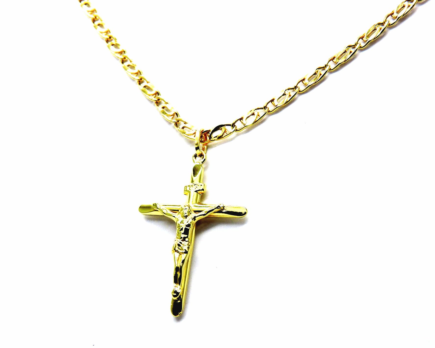Collana Uomo in Oro Giallo 18kt 750 Catena Pernice Pinzata con Pendente Religioso Croce Gesù Cristo Smussata cm 50