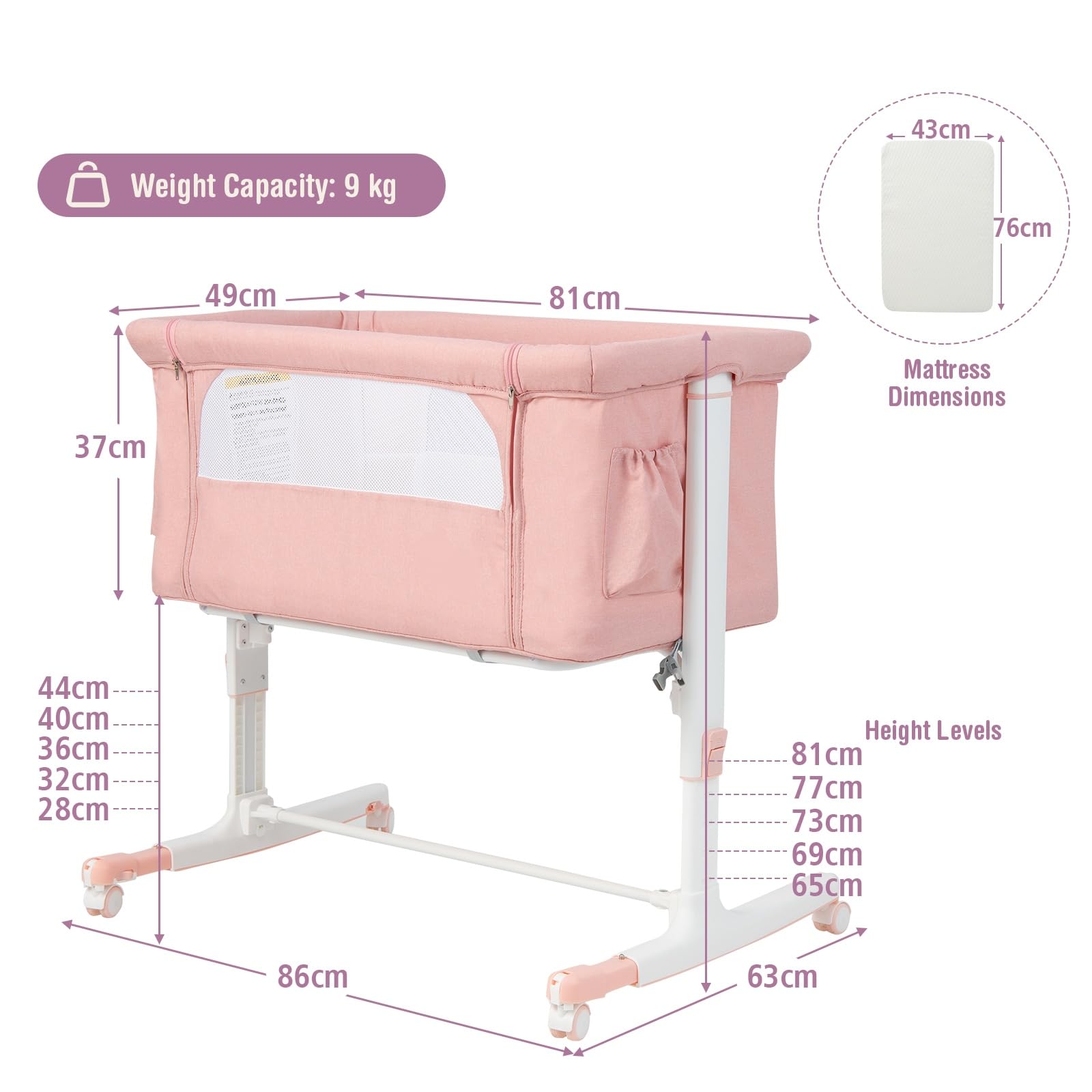 LIFEZEAL Berceau Cododo avec Roues Universelles et Matelas, Lit Parapluie Hauteur Réglable en 5 Positions, Lit d'Appoint avec Poche Latérale et Sac de Transport, 0-5 Mois (Rose)