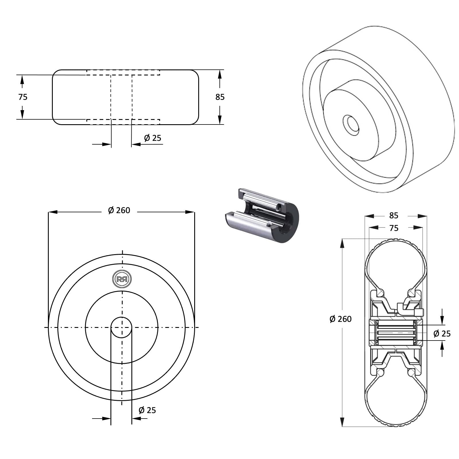 LOT de 4x roue increvable diable 260 x 85 (3.00-4) alésage 25 mm roulement à rouleaux
