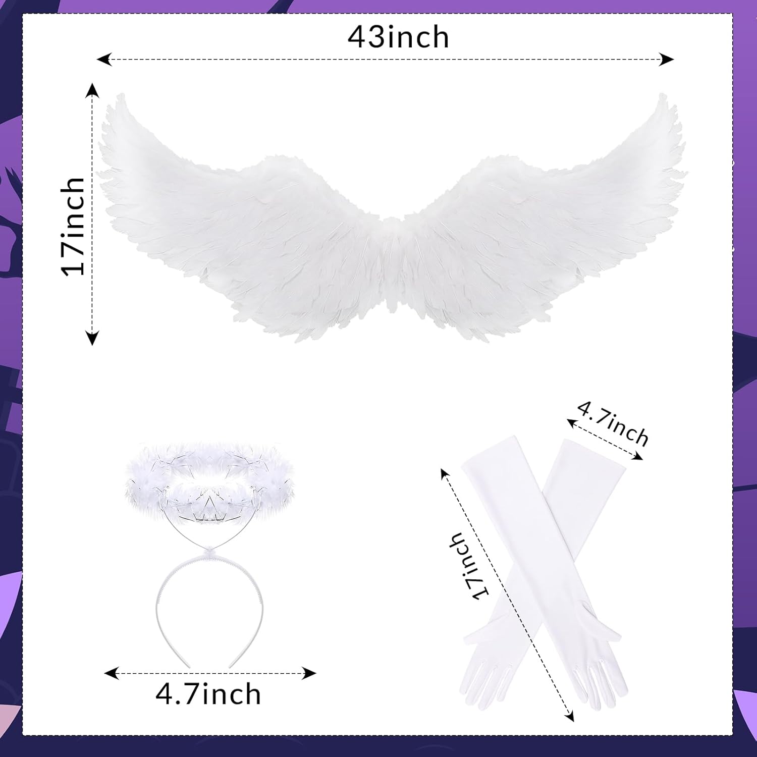 4 Pcs Angel Costume Women Adult, White Angel Headband and Wings Satin Sleeveless Dress Gloves for Halloween Party
