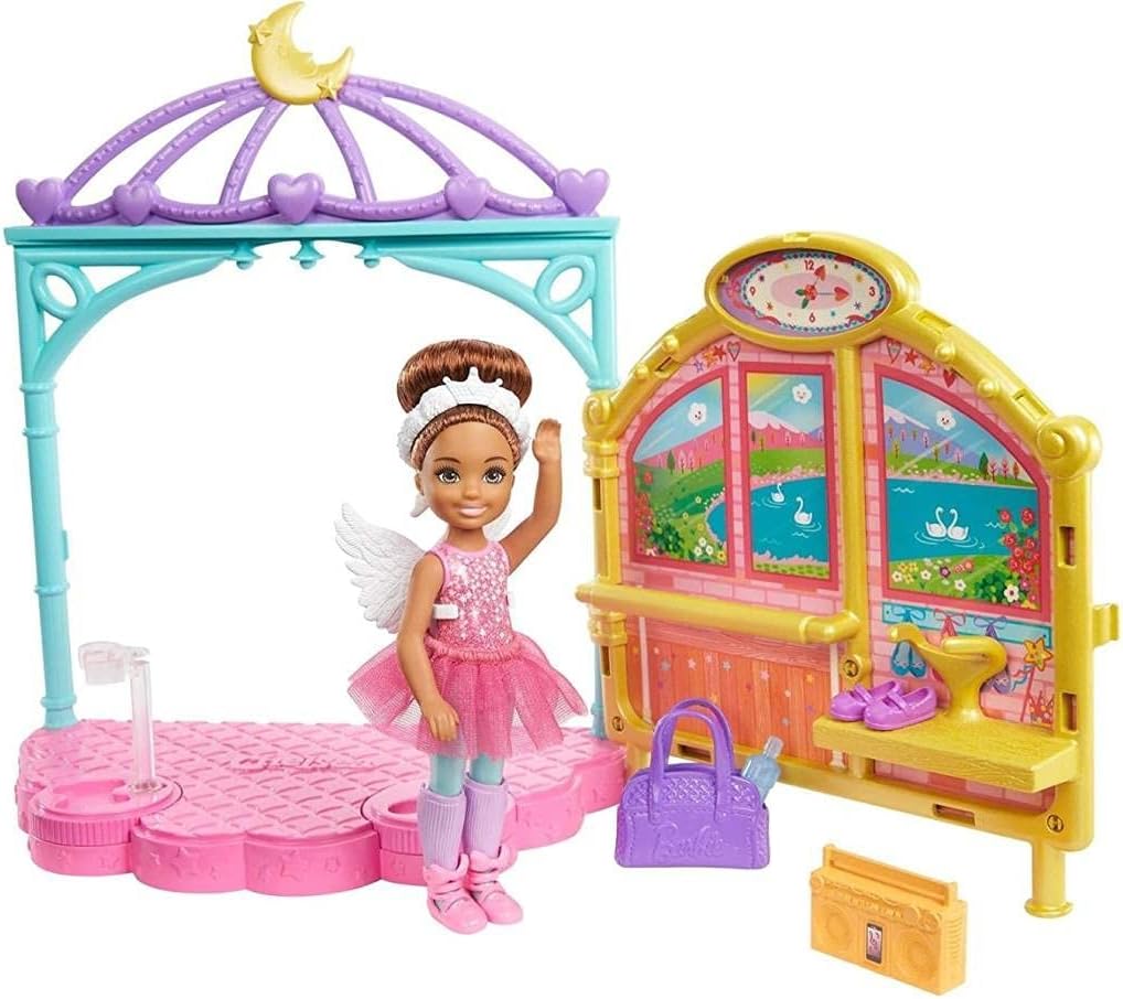 Barbie Club Chelsea Doll and Ballet Playset, 6-inch Brunette, with Transforming Stage, Accessories Including Ballet Barre, Fashion and Accessories, Gift for 3 to 7 Year Olds