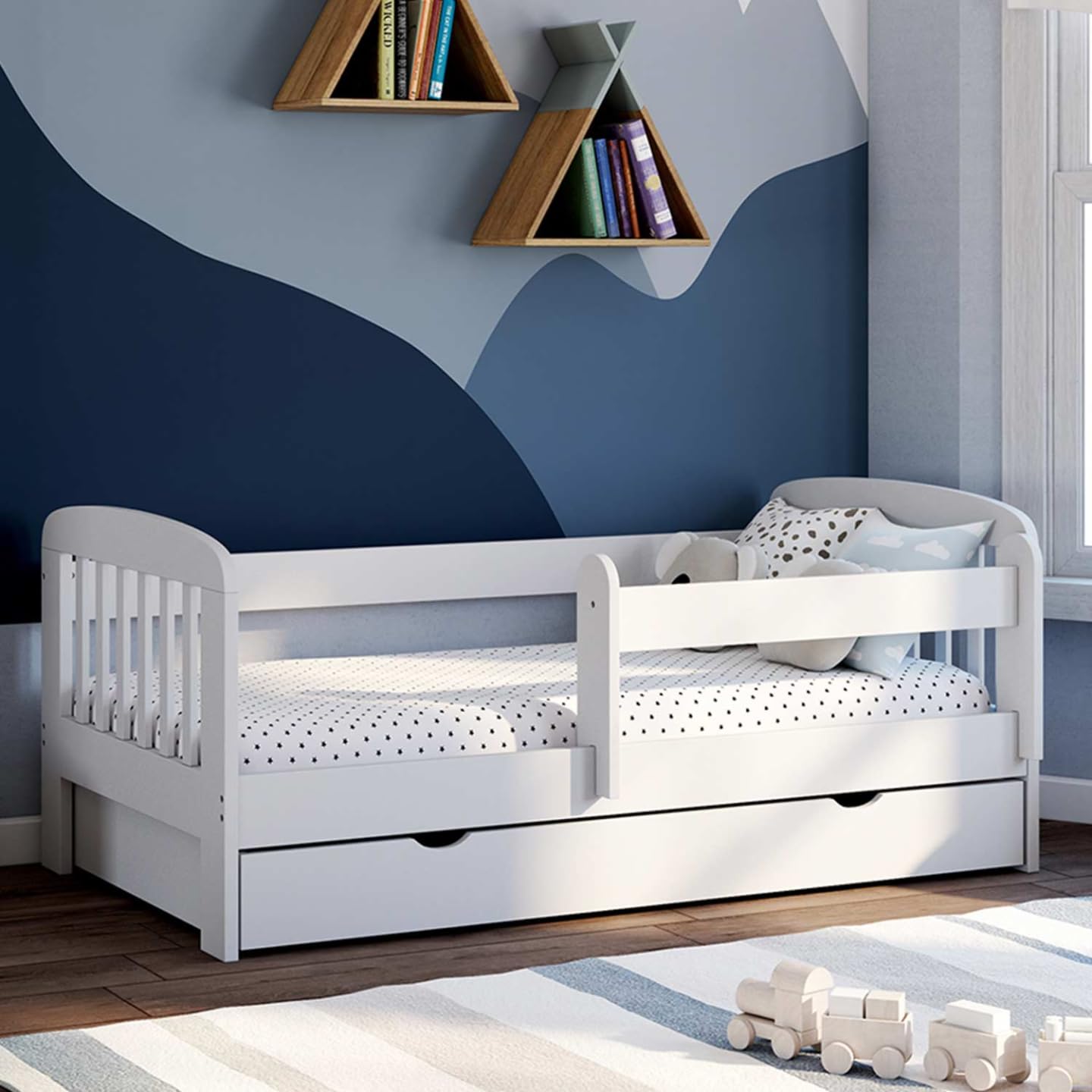 IDMarket - Cama infantil 80 x 160 cm Lilia con 1 cajón, somier y barreras