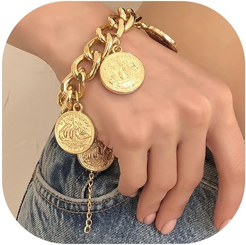 Pulsera de encanto de oro gruesa con moneda para mujer, pulseras de cadena de eslabones para mujer, pulseras delicadas, joyería de moda, regalos 2025